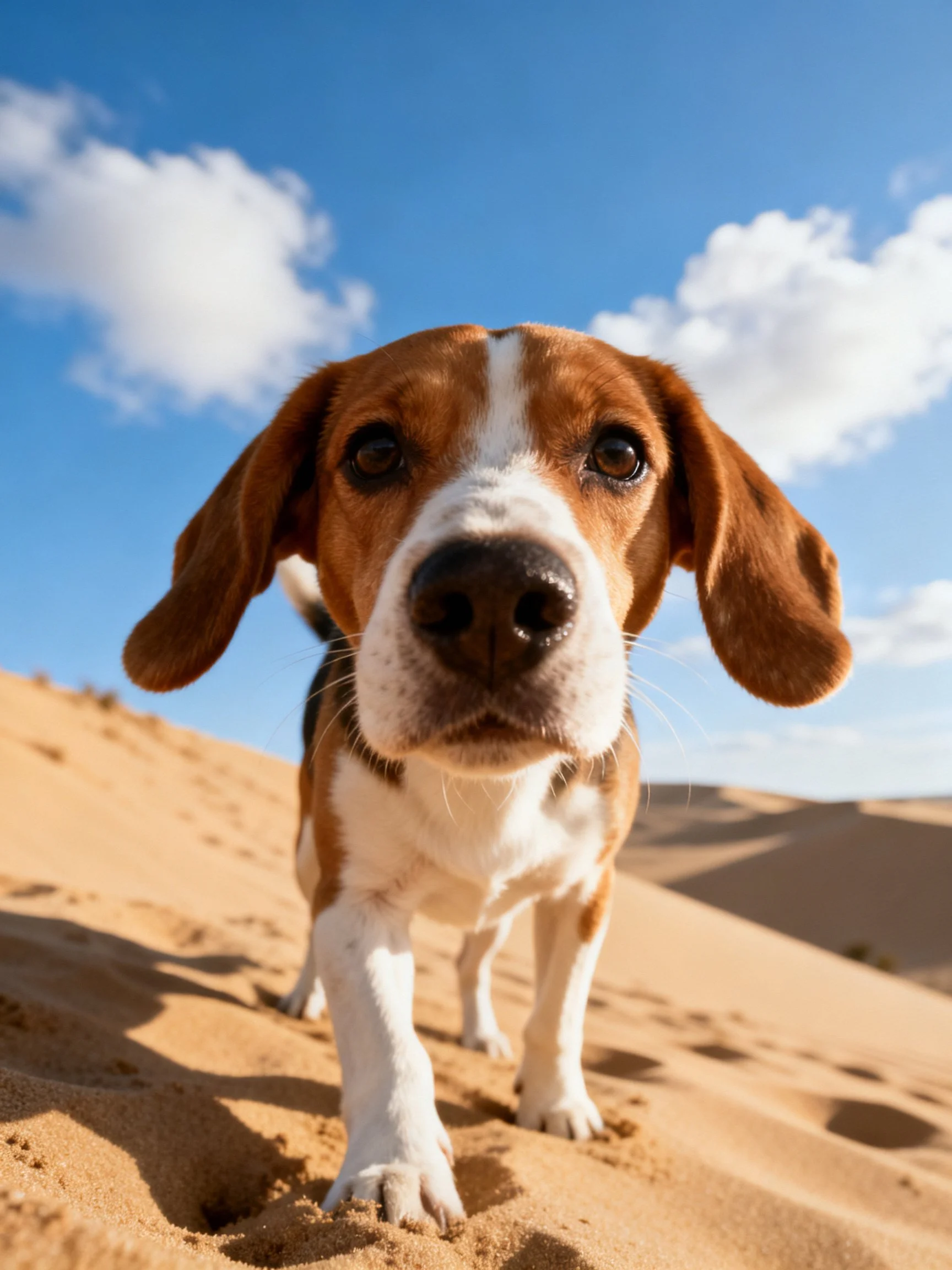 A brown and white beagle stands on golden sand dunes under bright blue sky