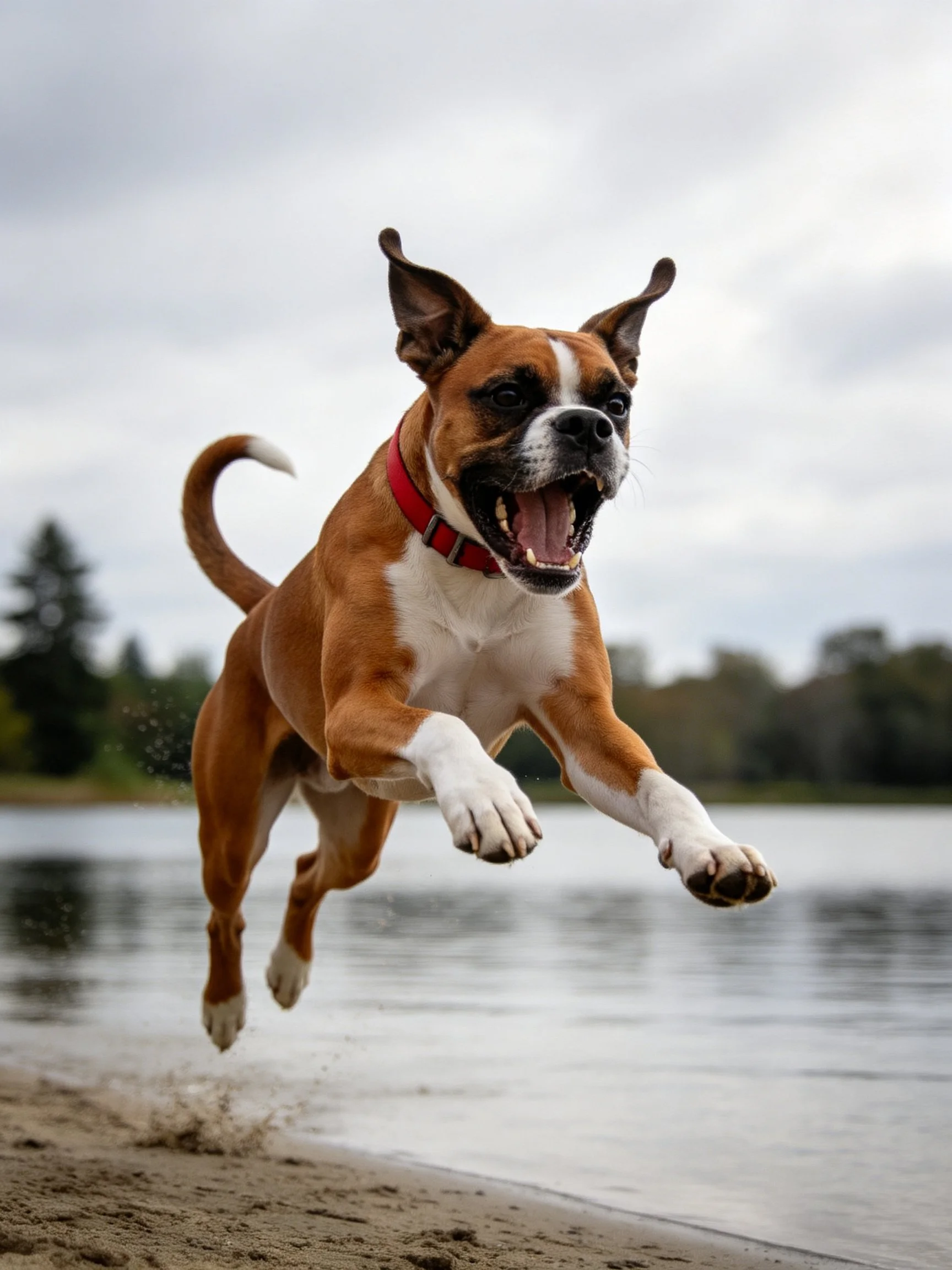A brown and white boxer dog leaps toward calm water from sandy shore