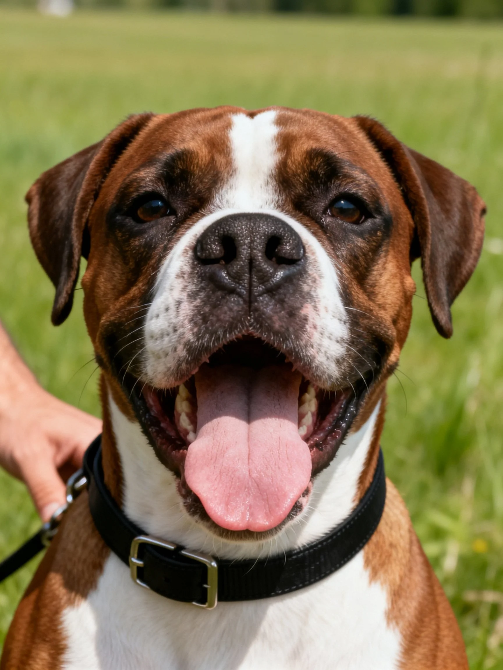 A brown and white boxer dog panting in a grassy field