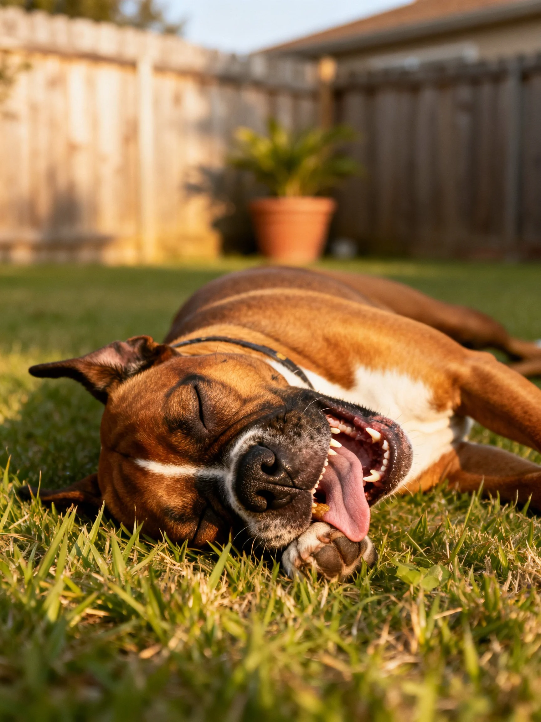 A brown and white boxer dog resting on grass in a backyard