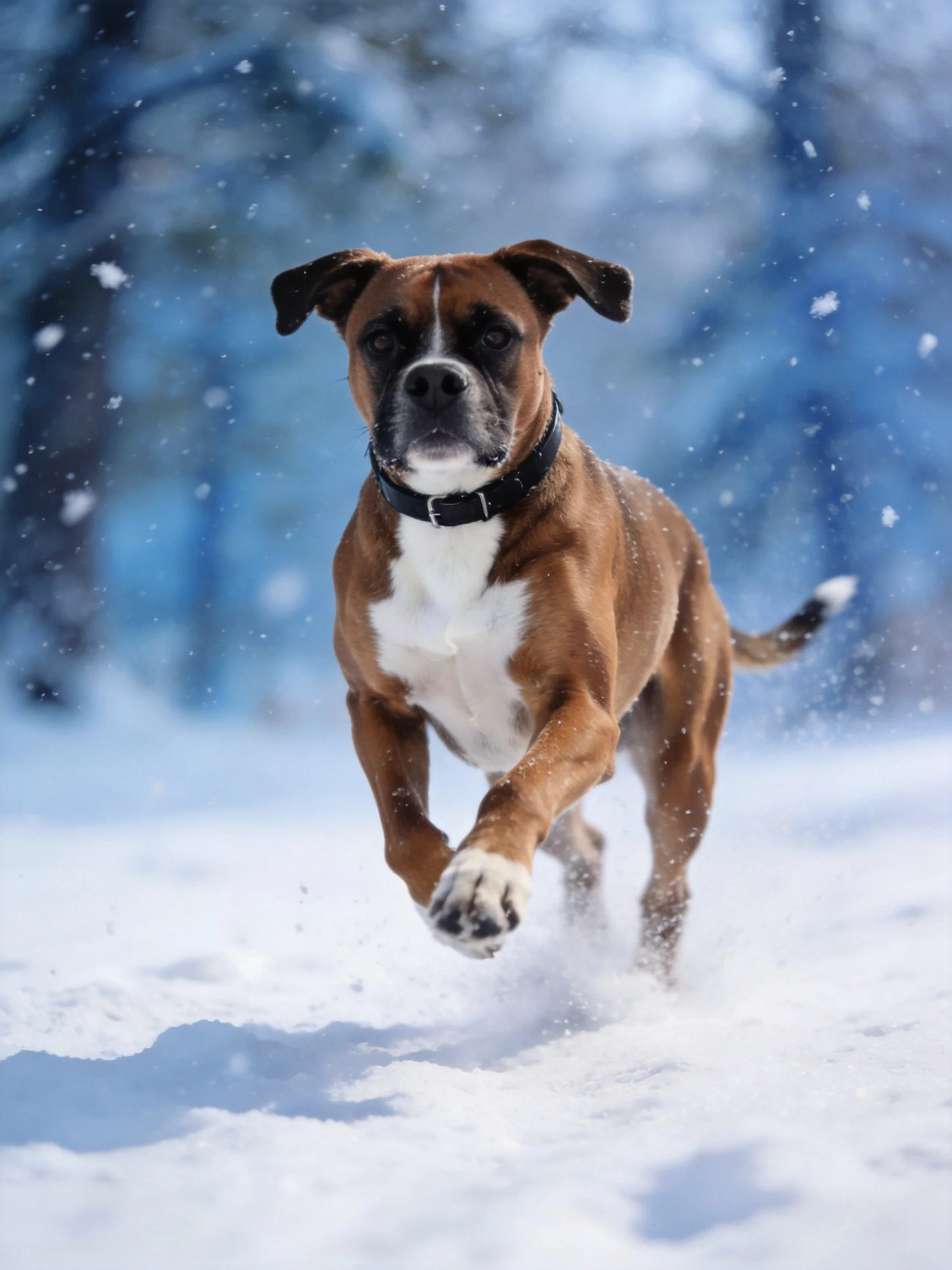 A brown and white boxer dog running through falling snow
