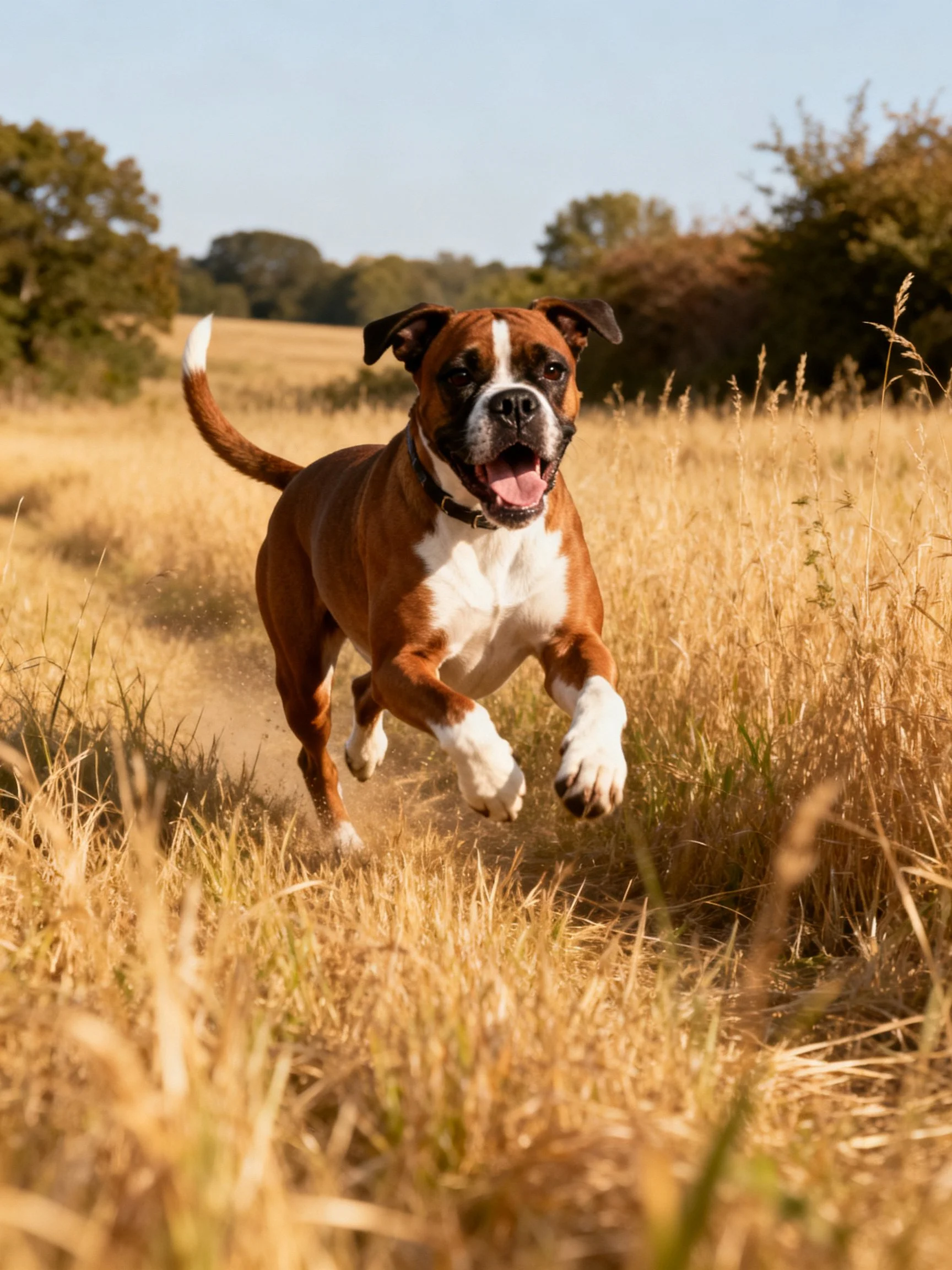 A brown and white boxer dog runs through golden grassy fields