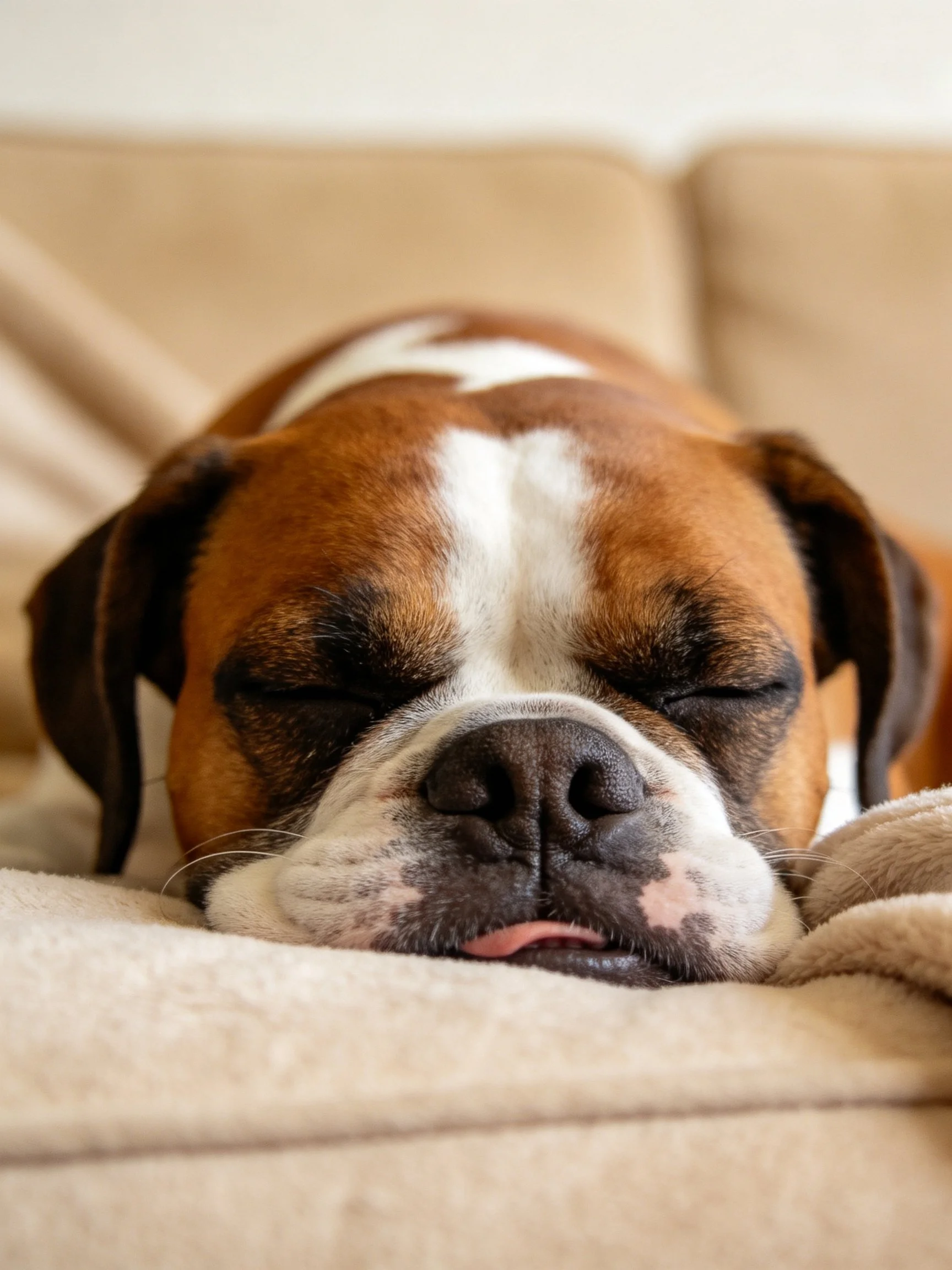 A brown and white boxer dog sleeps peacefully on a beige couch