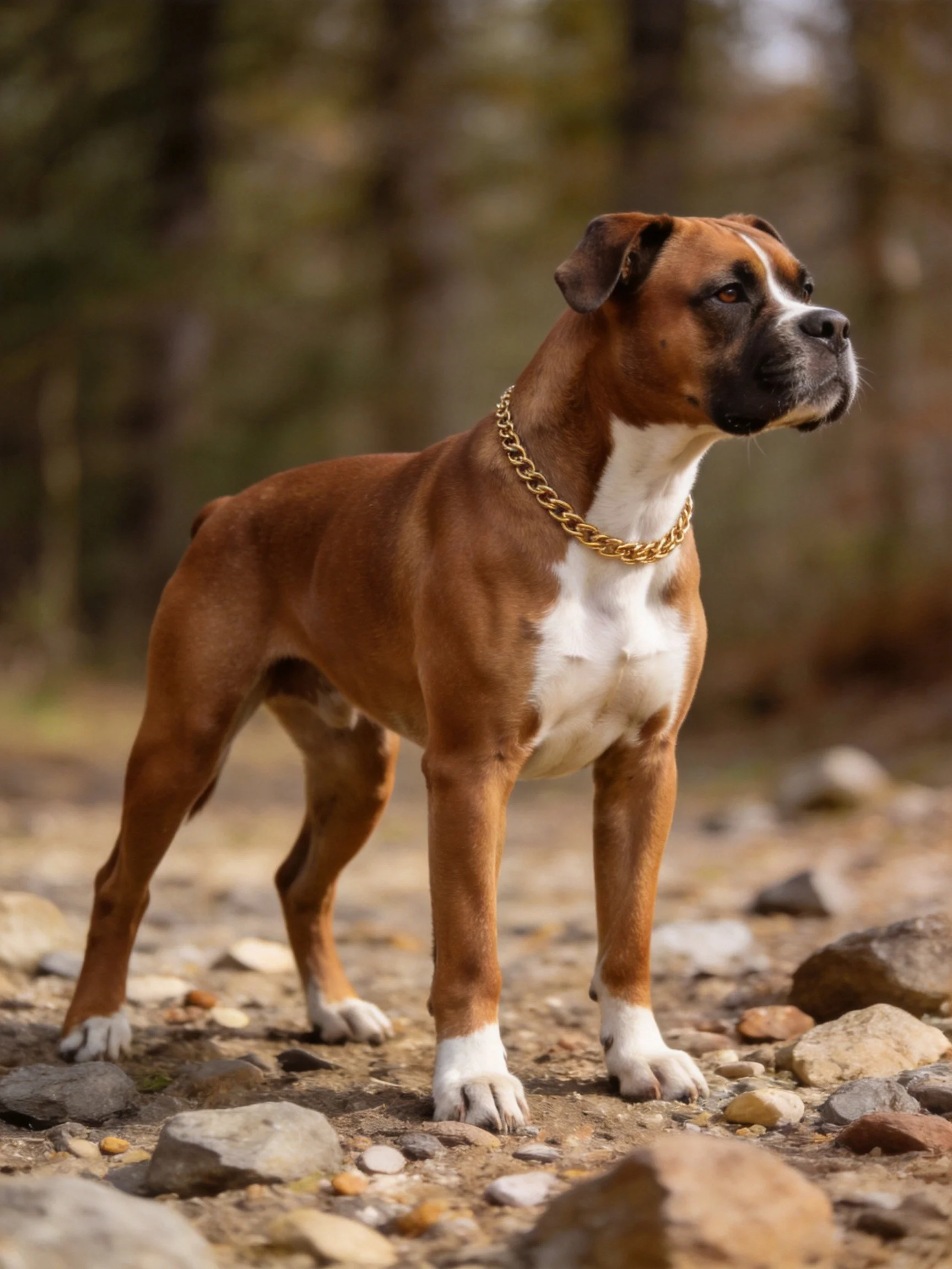 A brown and white boxer dog stands on rocky