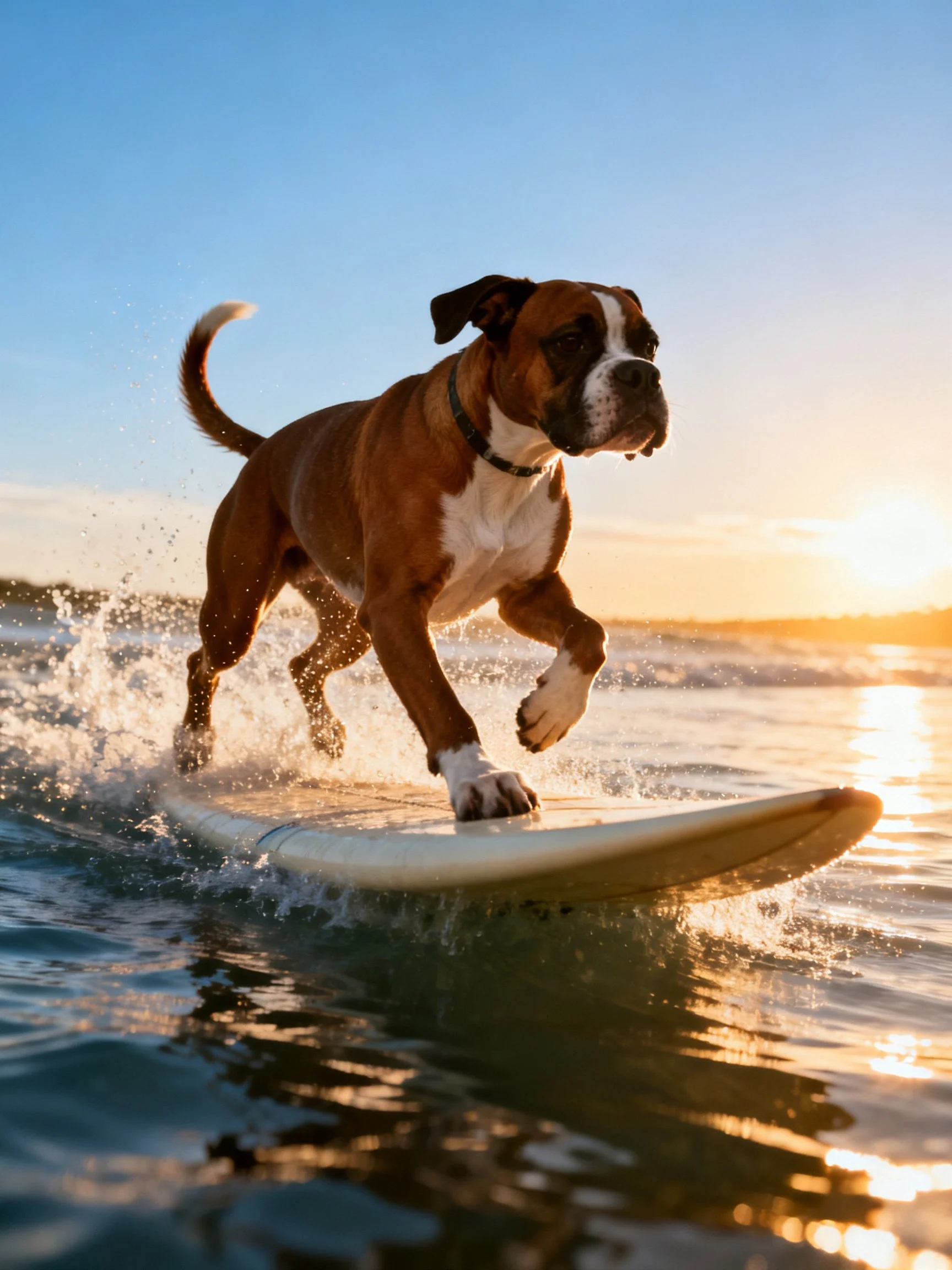 A brown and white boxer dog surfing on a surfboard in golden sunlight