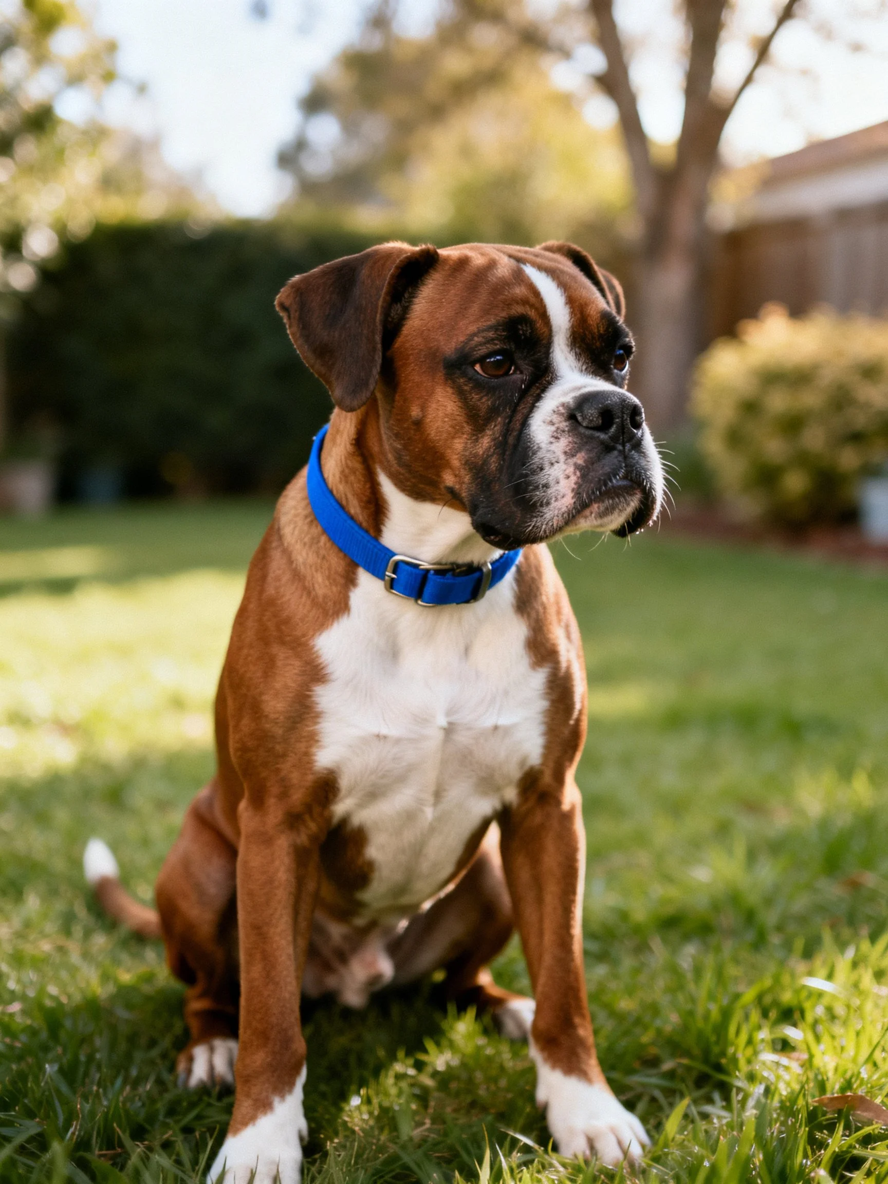 A brown and white boxer dog wearing a bright blue collar sits on green grass