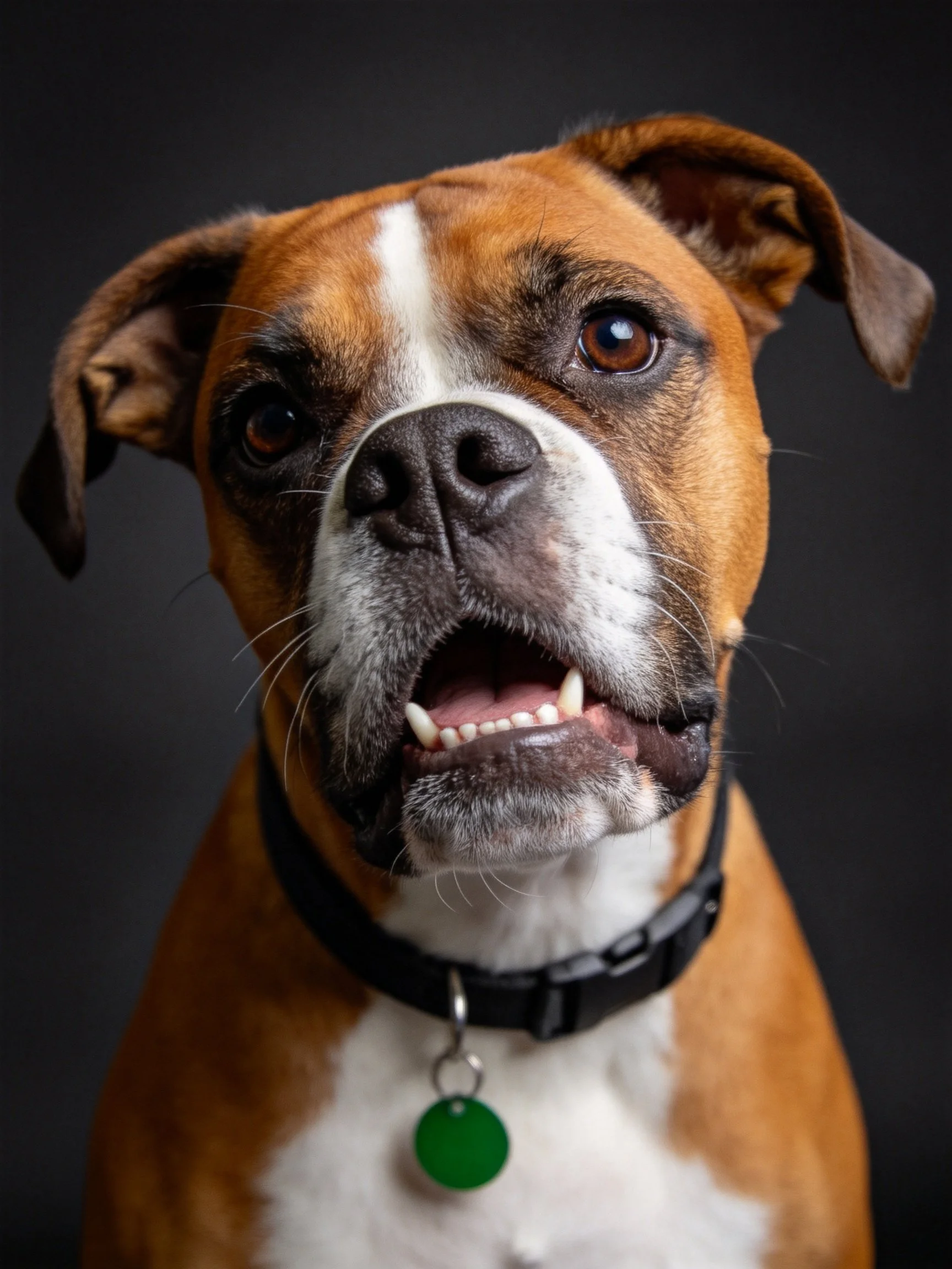 A brown and white boxer dog with black collarand green tag