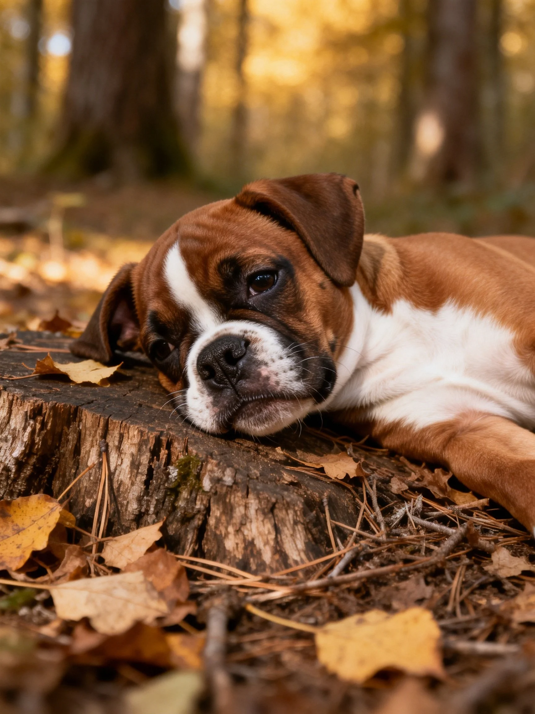 A brown and white boxer puppy rests on an aged tree stump amid autumn foliage