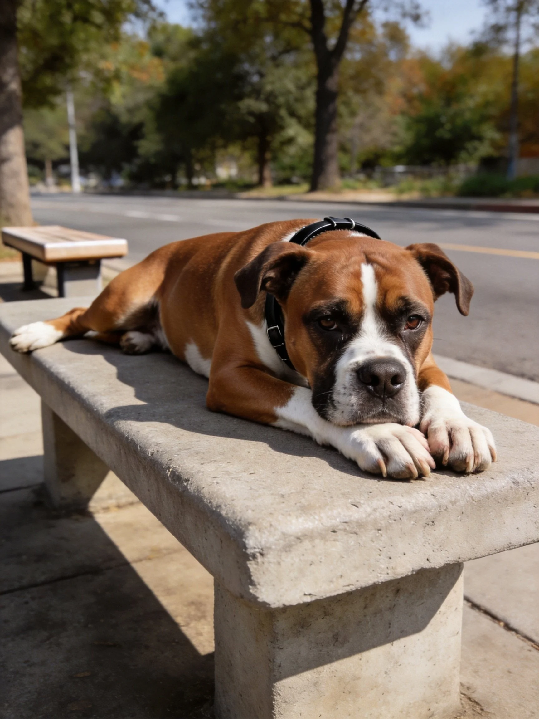 A brown and white boxer rests on a concrete park bench