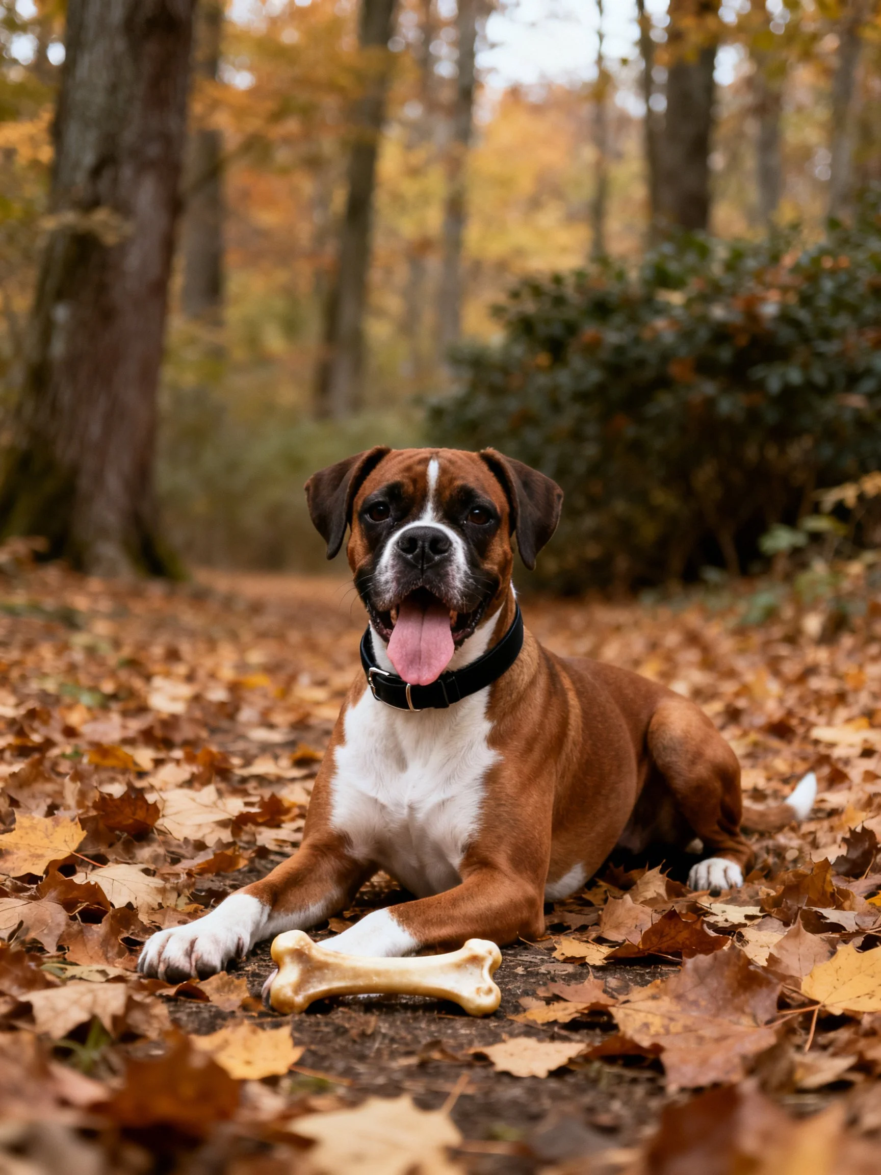 A brown and white boxer rests on autumn leaves beside a bone.