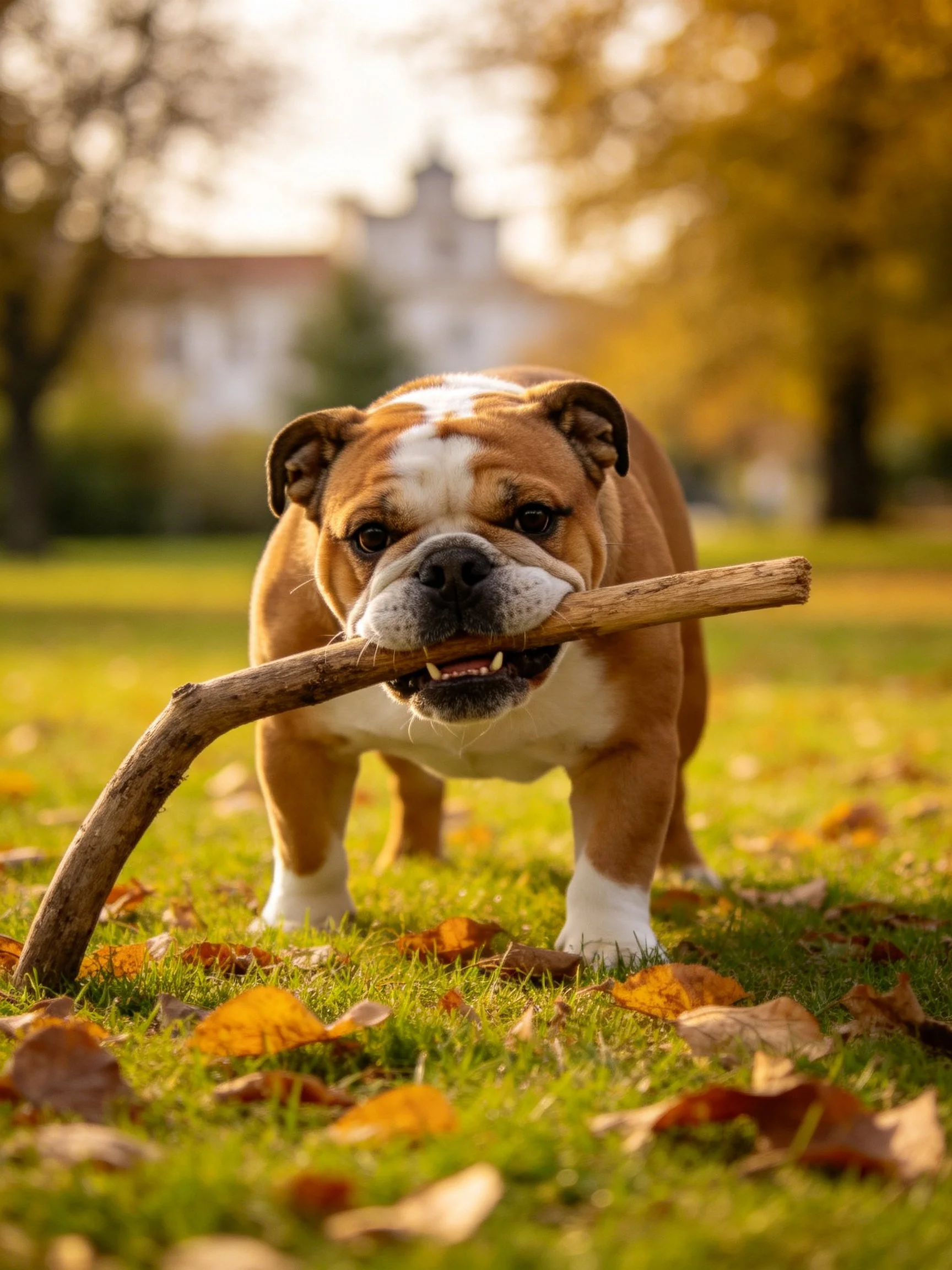 A brown and white bulldog carries a large wooden stick in an autumn park
