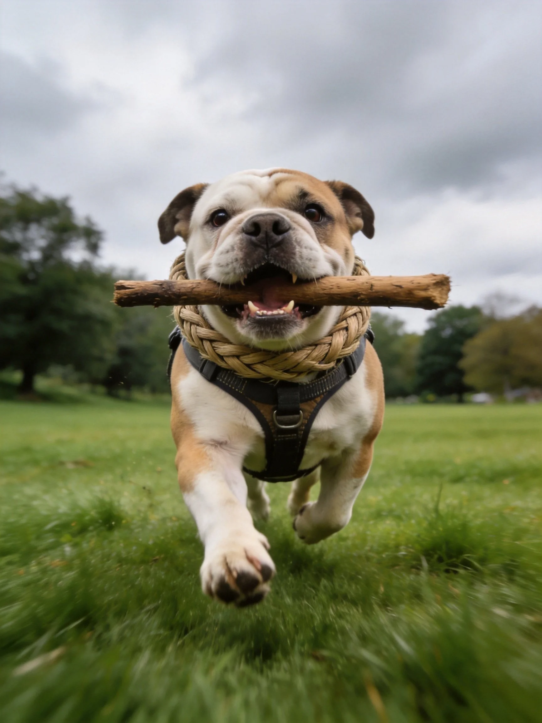 A brown and white bulldog carries a wooden stick with a braided rope collar
