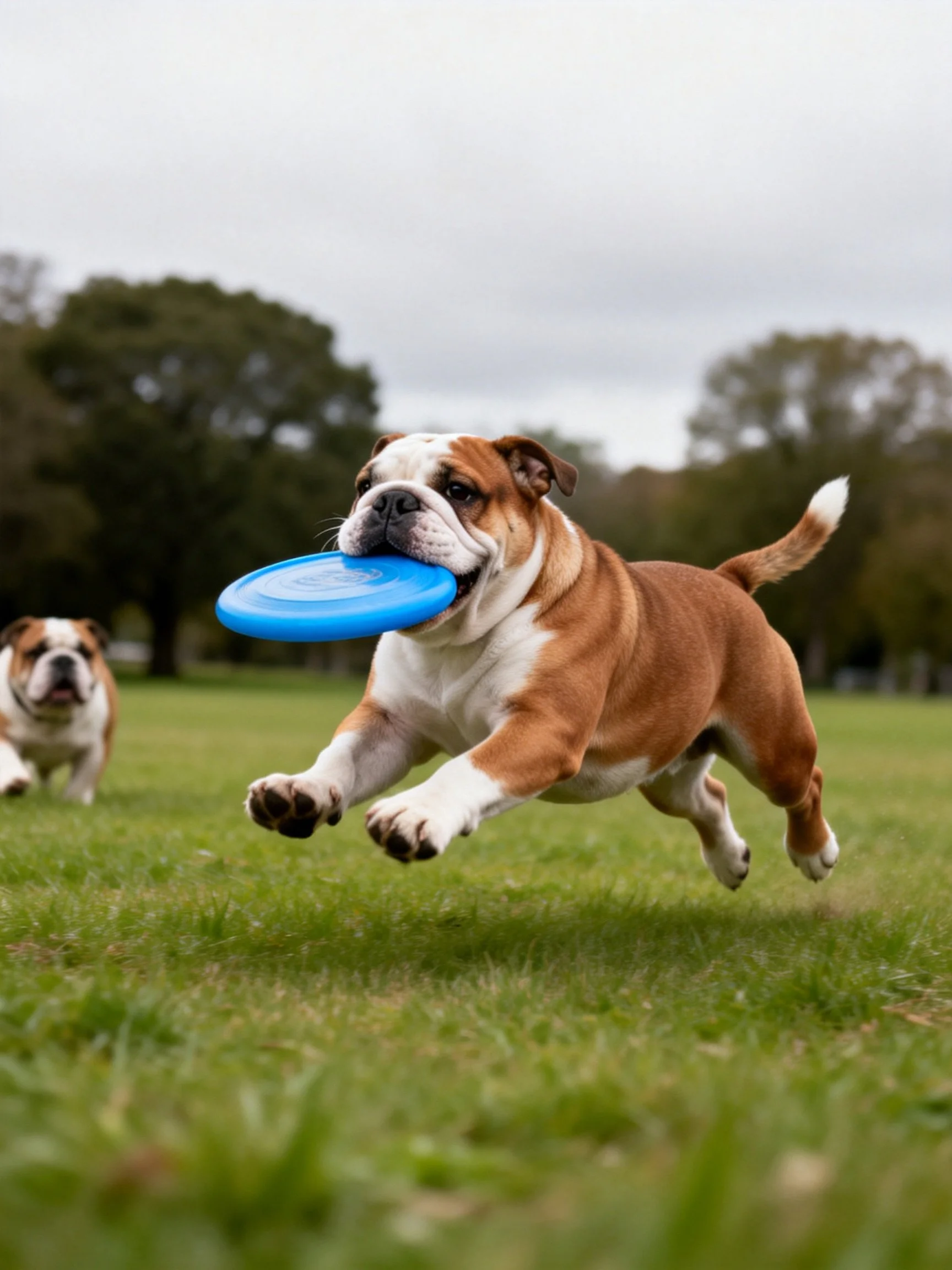A bulldog catches a blue frisbee while another observes in an open grassy space.