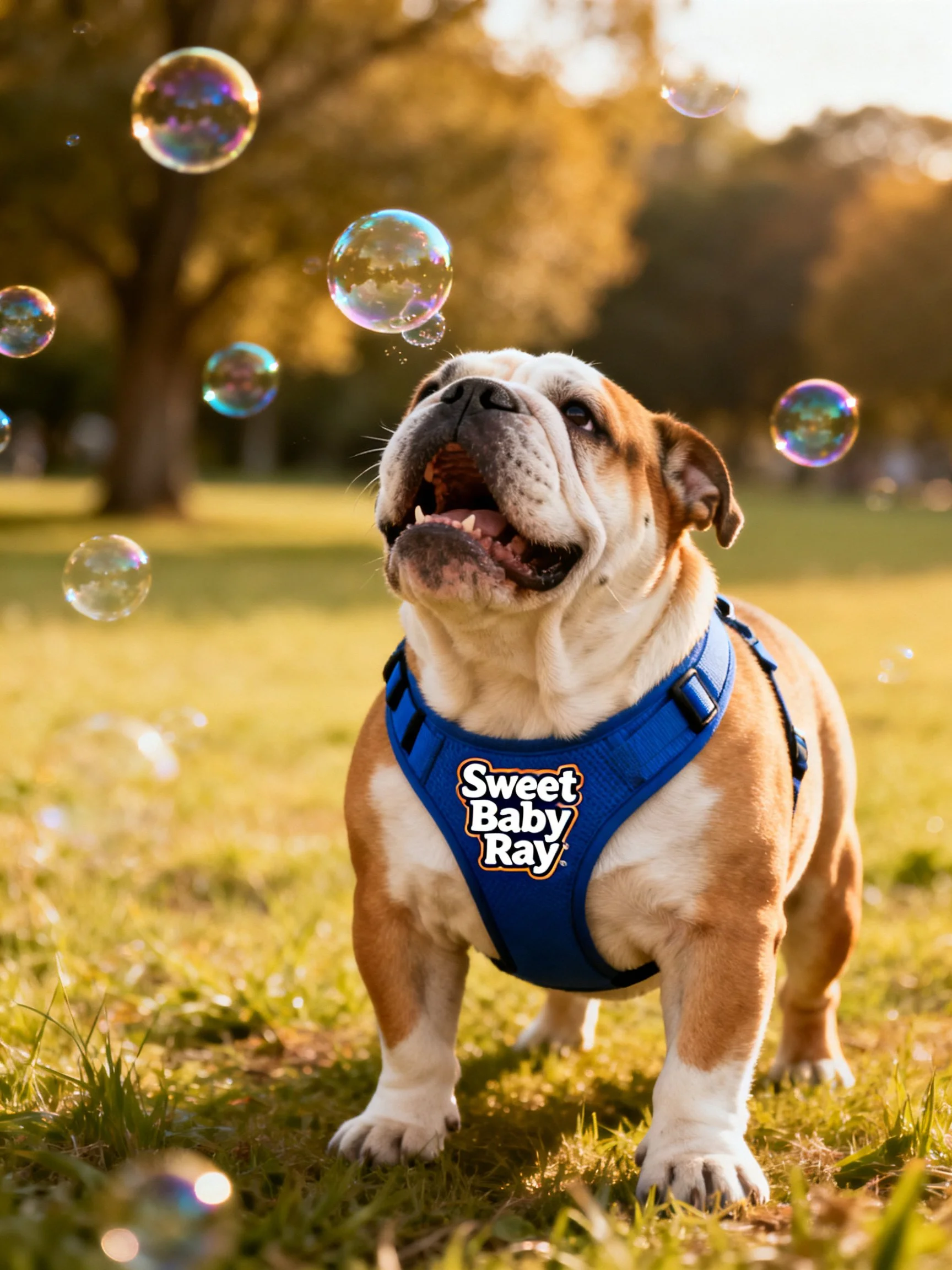 A bulldog in a blue harness enjoys floating bubbles in a sunny park