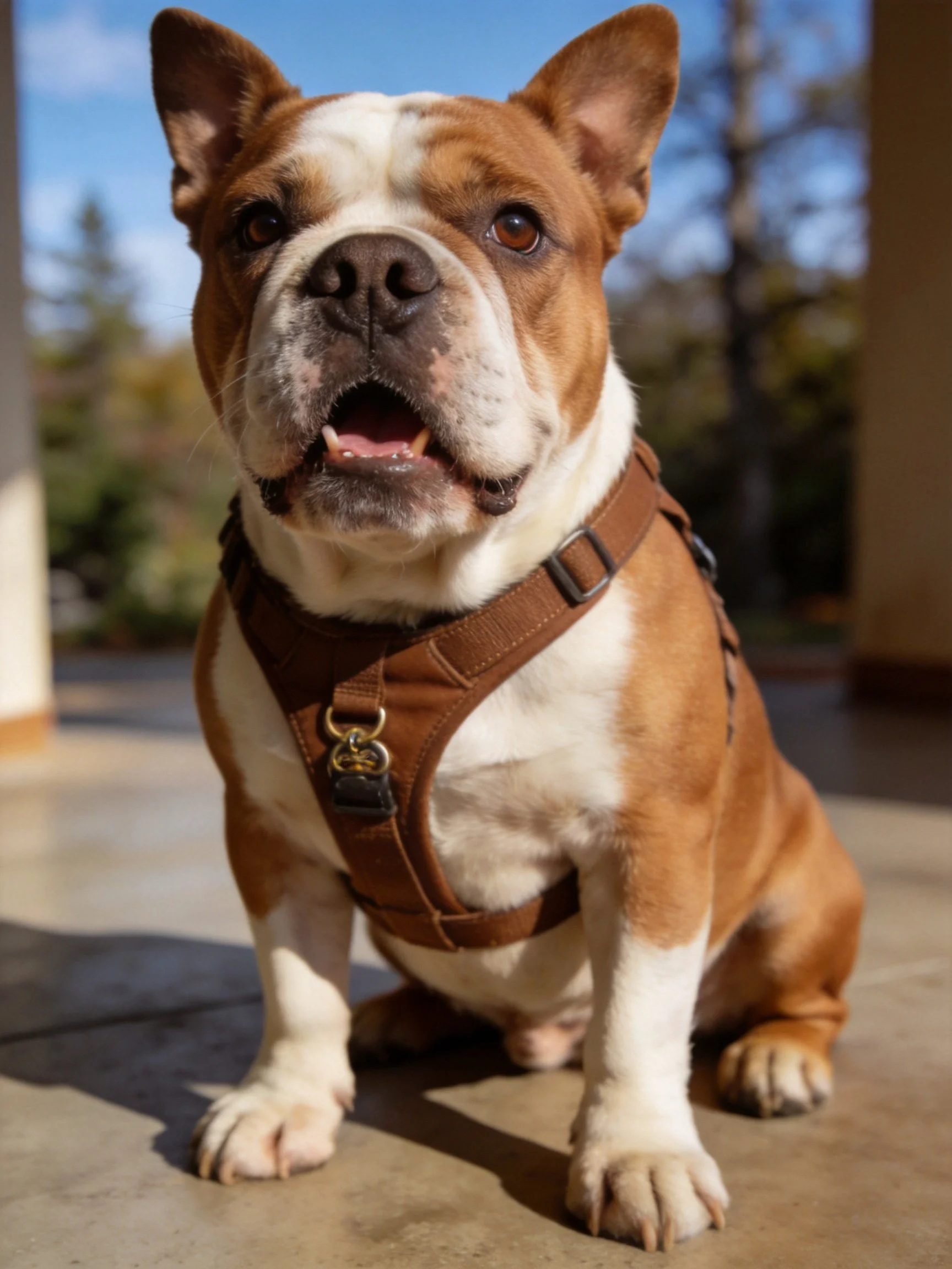 A brown and white bulldog in a brown harness sitting outside