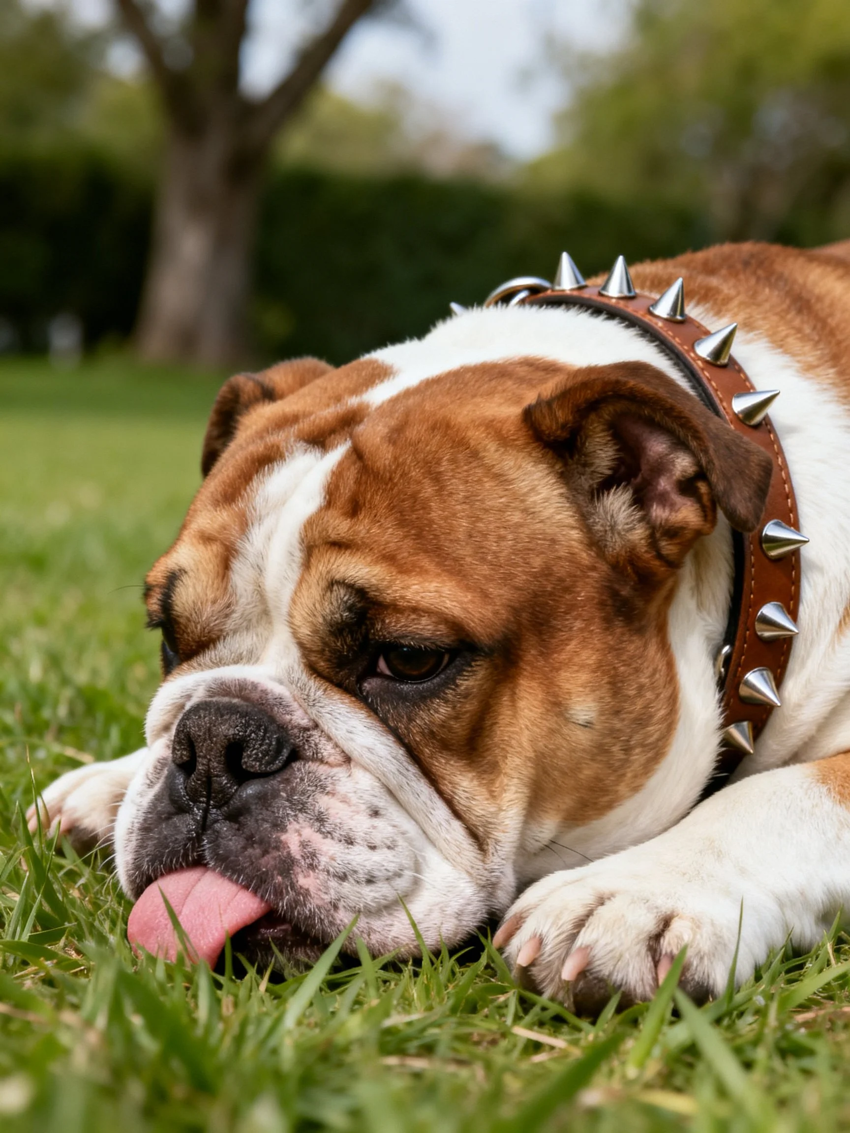 A brown and white bulldog lies on grass wearing a spiked collar