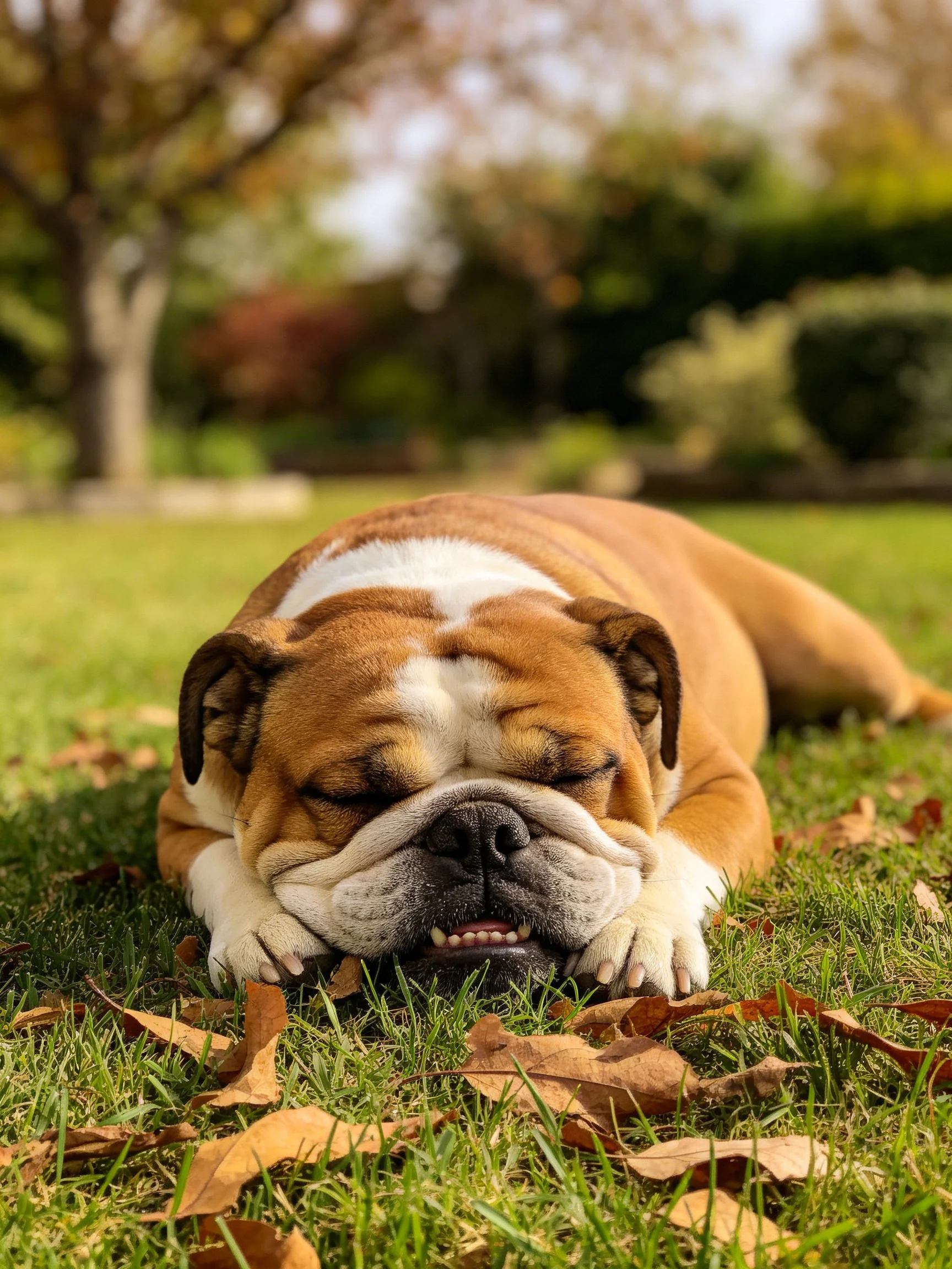 A brown and white bulldog napping on grass with autumn leaves