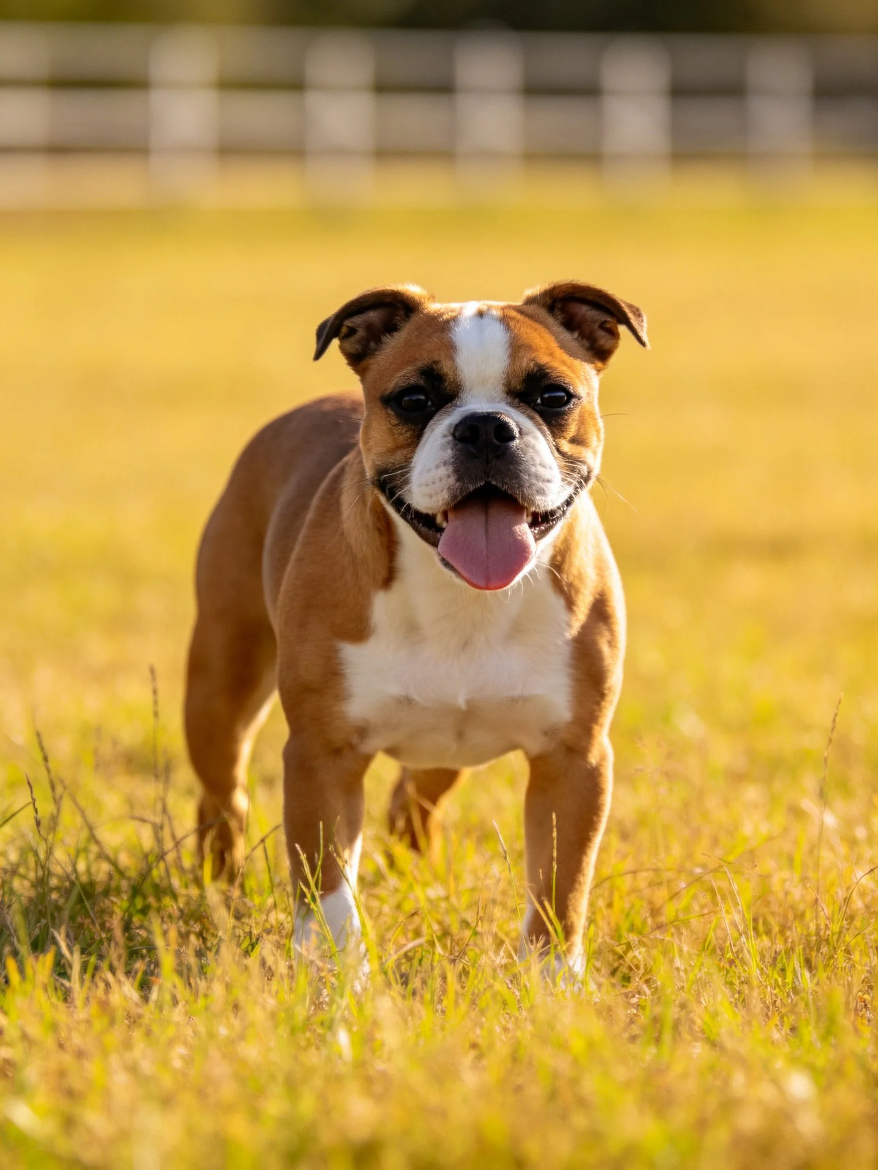 A brown and white bulldog puppy stands in a sunlit grassy field.