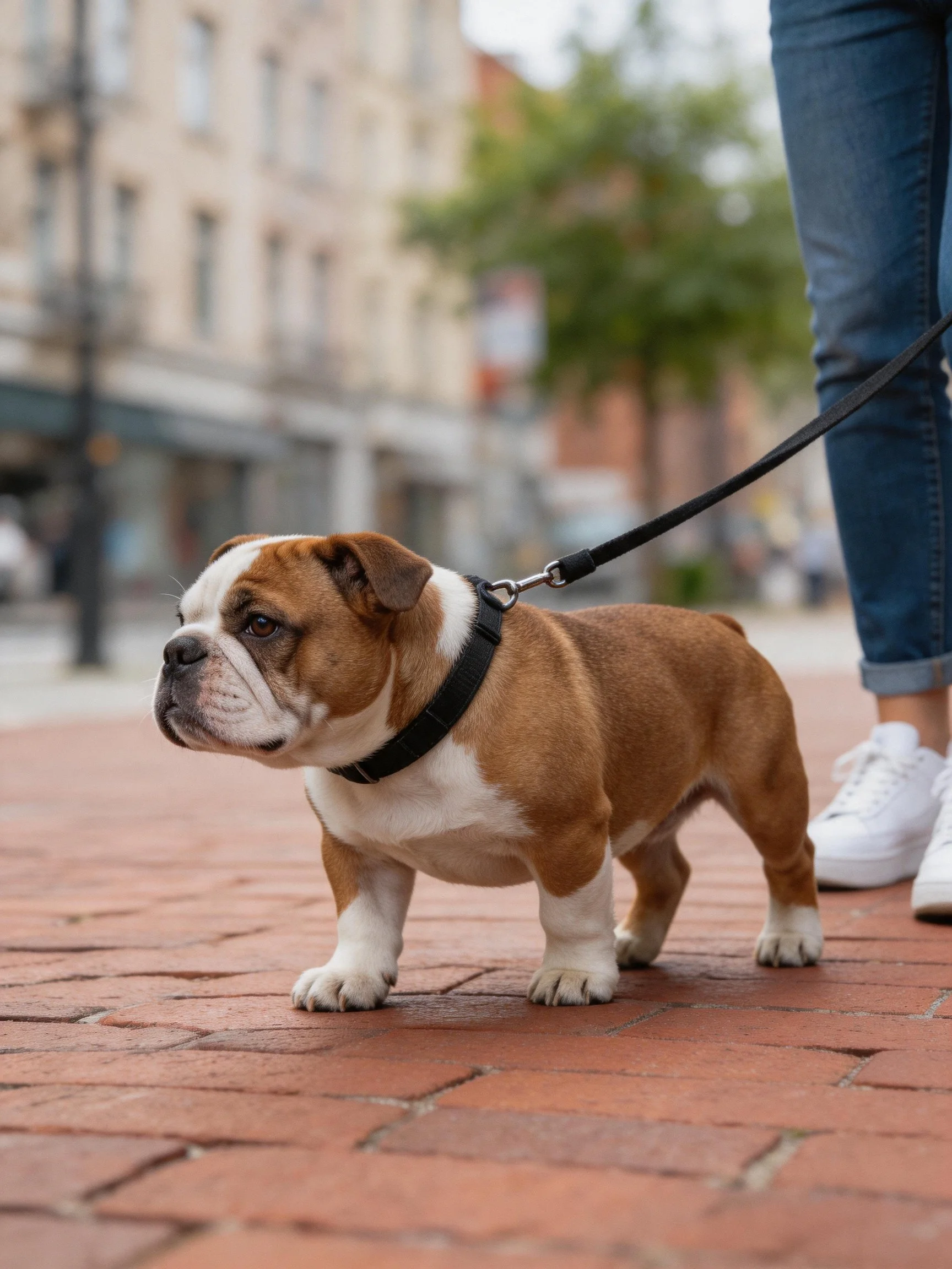 A brown and white bulldog puppy walks on a brick sidewalk while leashed by a person.