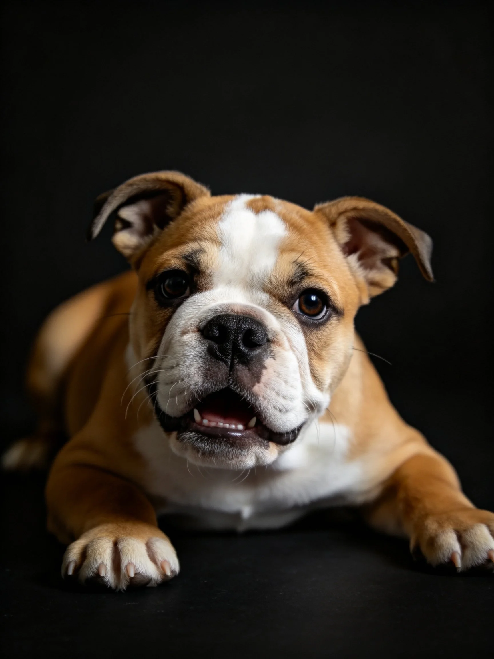 A brown and white bulldog puppy rests against a dark background.