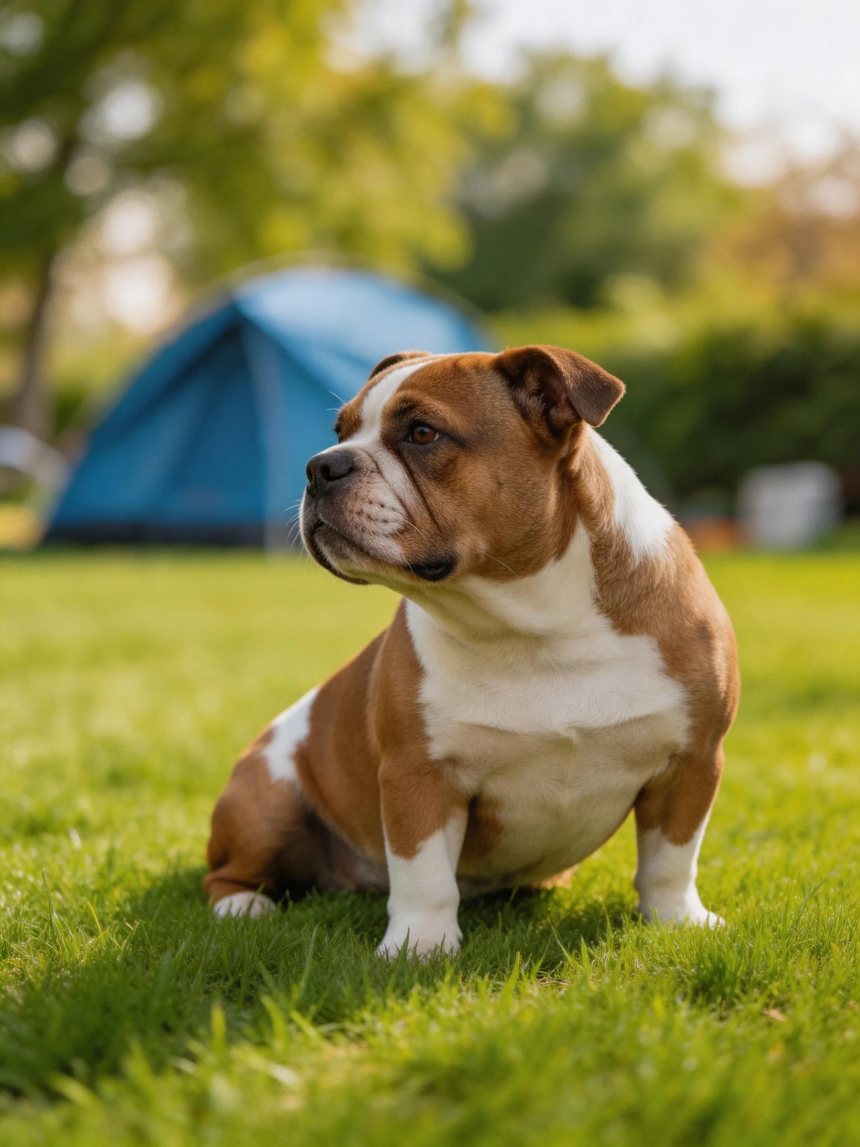 A brown and white bulldog puppy sits on grass near a blue tent