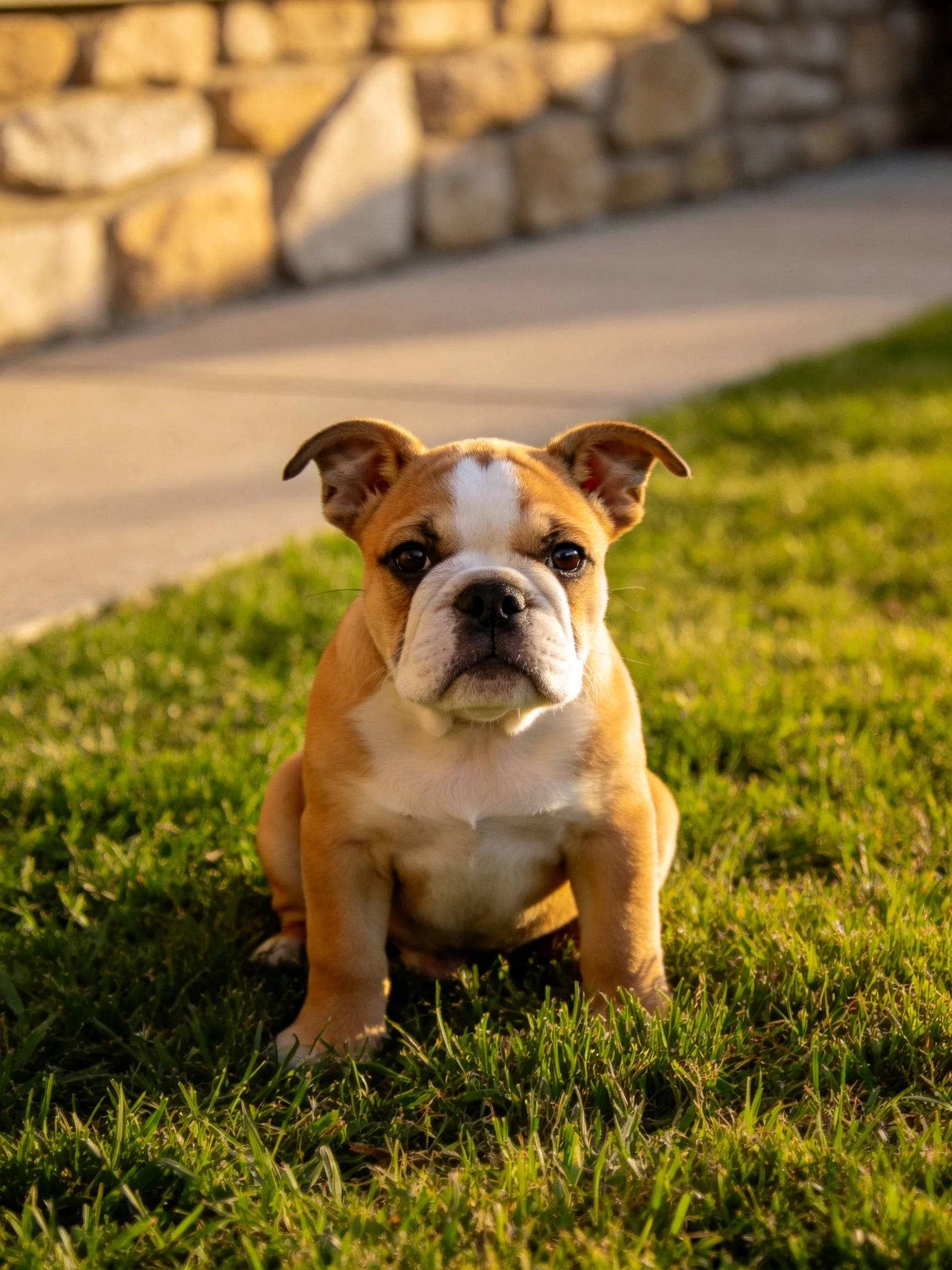 A brown and white bulldog puppy sits calmly on green grass beside a stone wall.