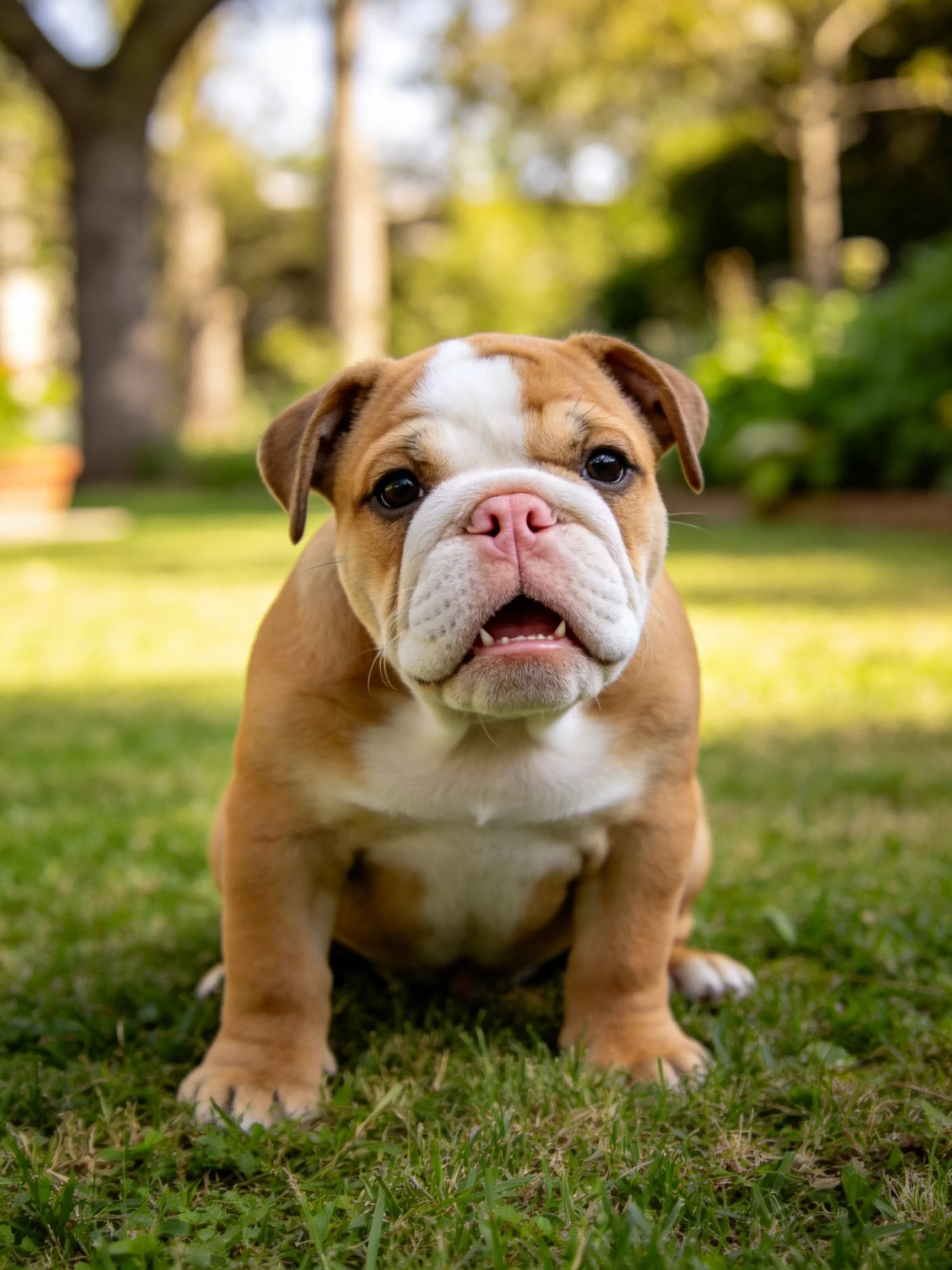 A brown and white bulldog puppy sits on green grass in a sunlit garden.