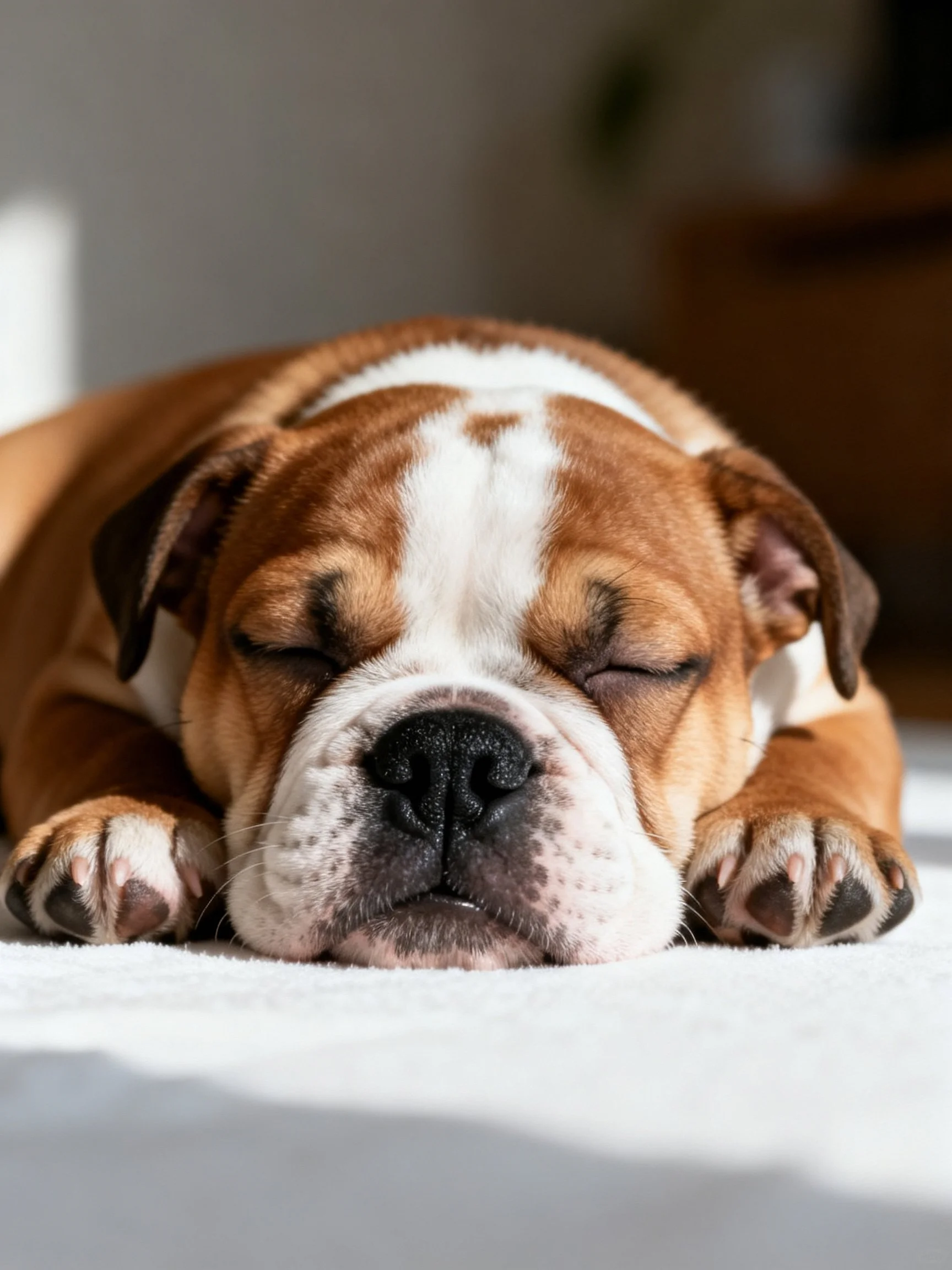 A brown and white bulldog puppy rests quietly with eyes closed