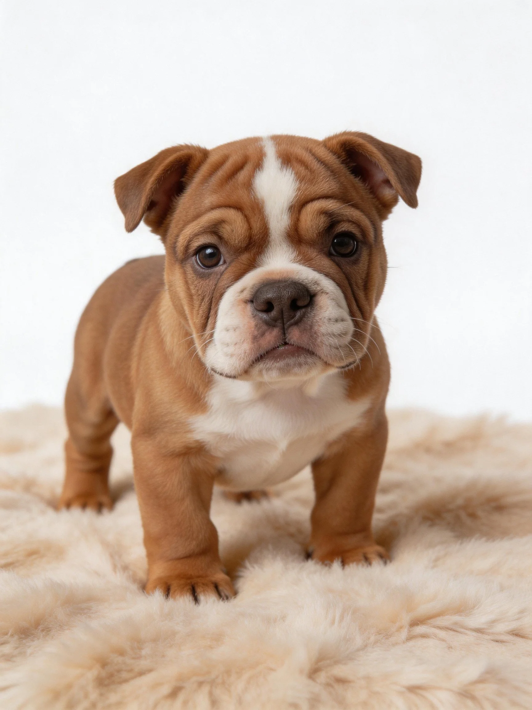 A brown and white bulldog puppy stands on a soft beige rug