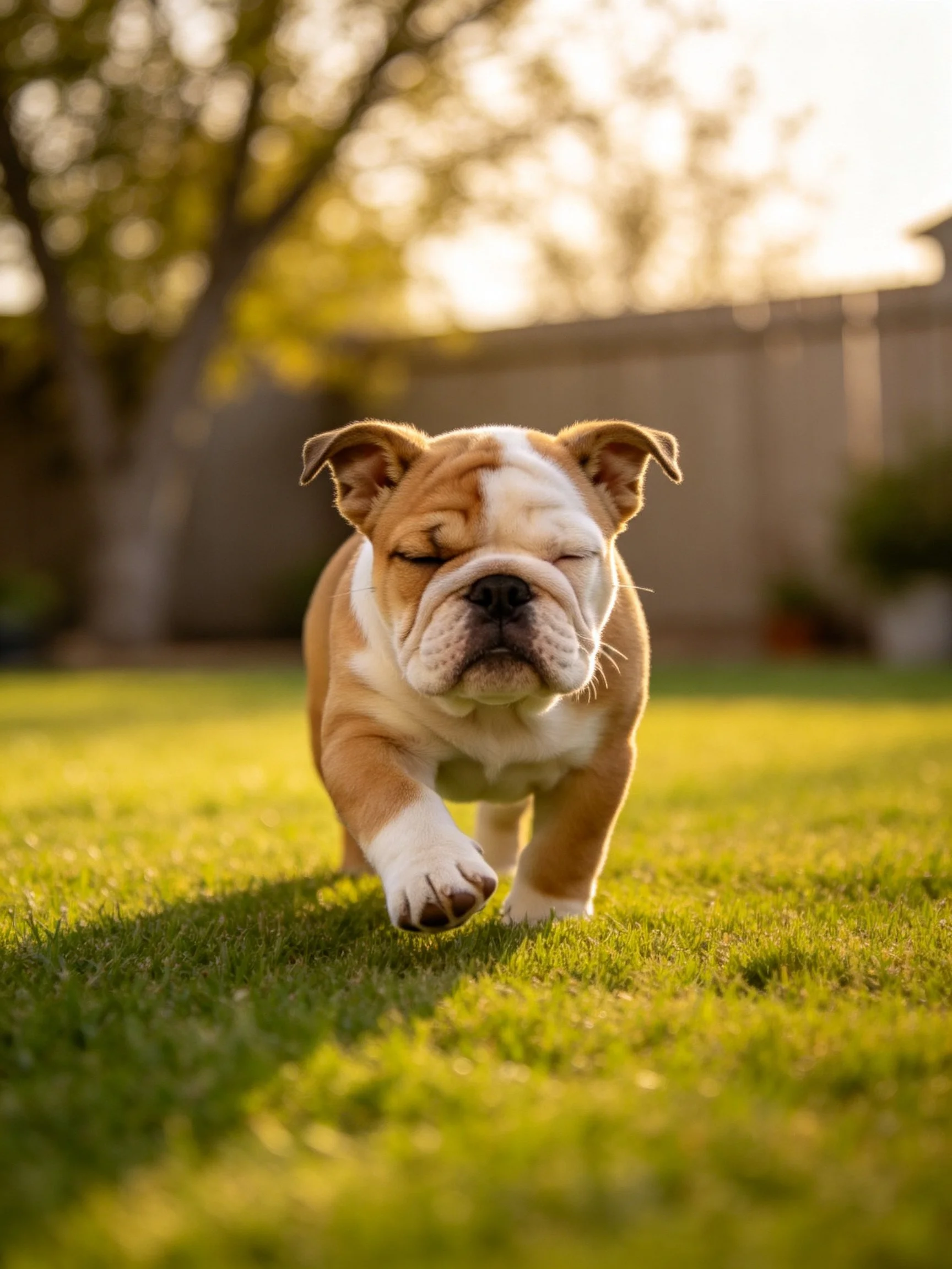 A brown and white bulldog puppy walks on green grass in a sunlit backyard.