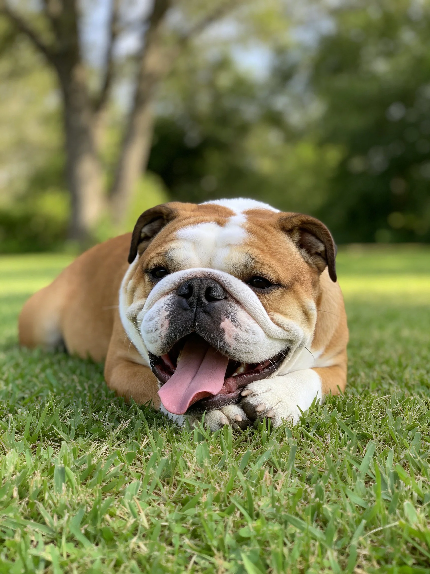 A brown and white bulldog resting on lush green grass