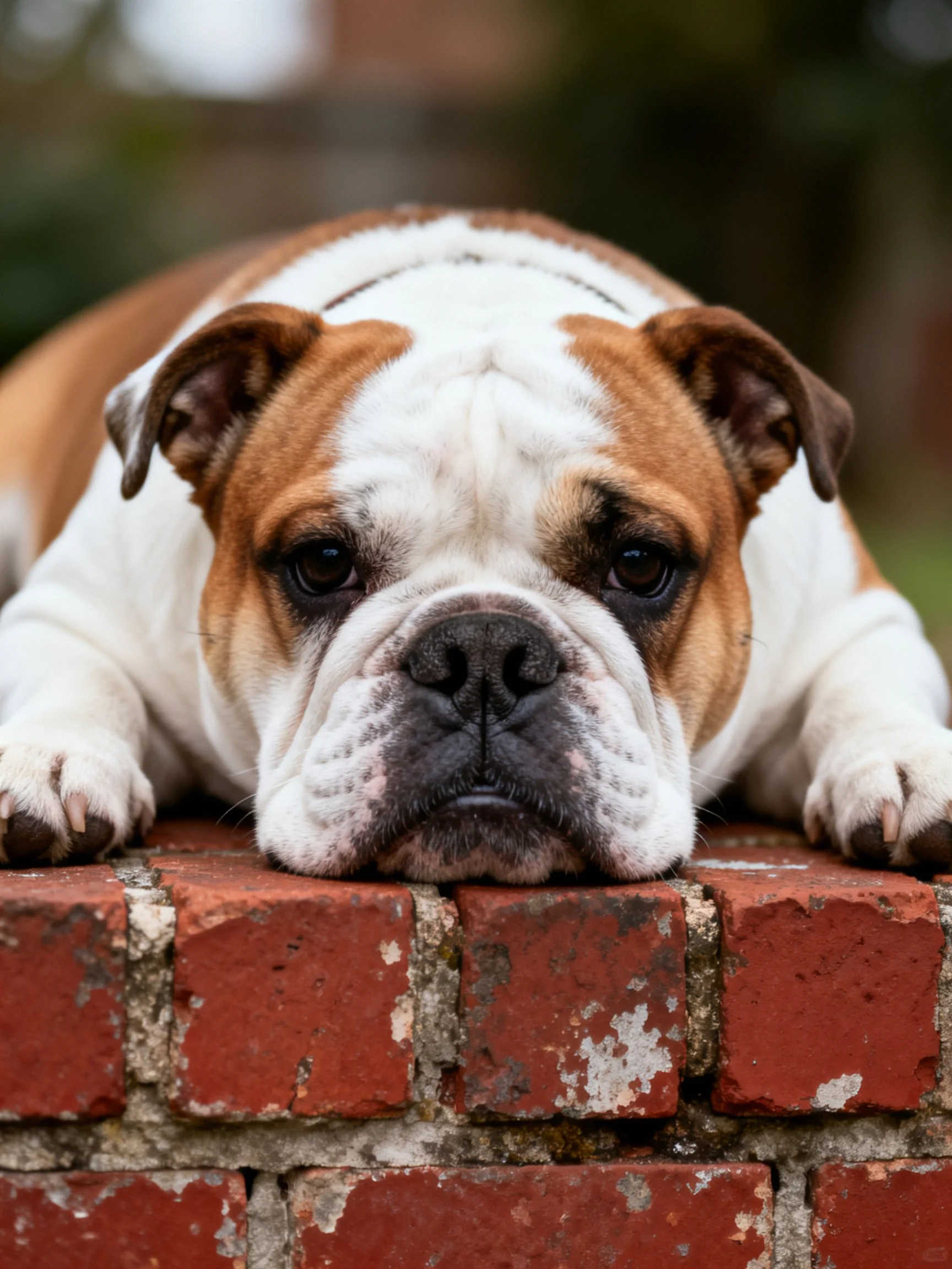 A brown and white bulldog lies on a weathered red brick wall.