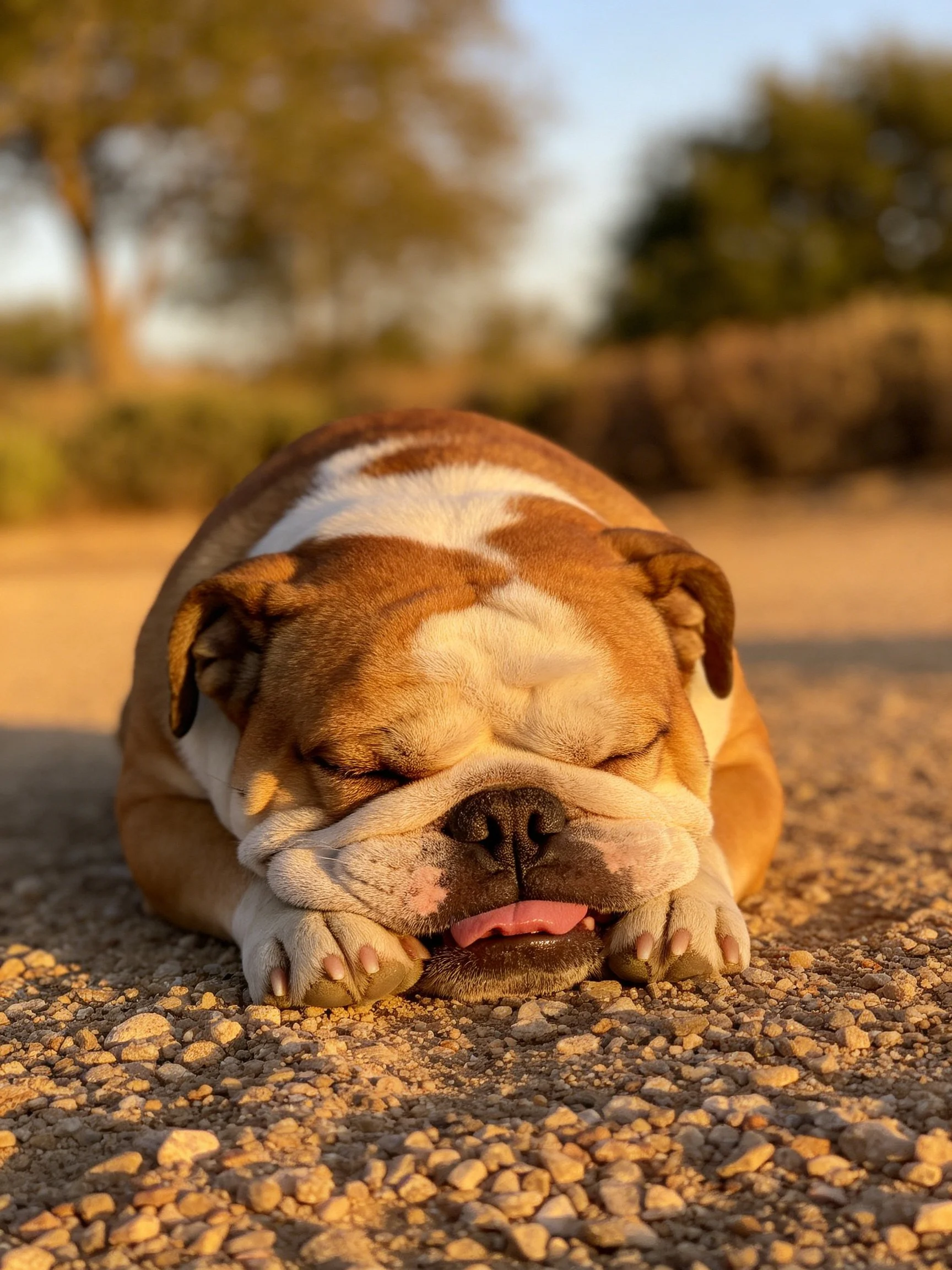 An English bulldog sleeps on gravel in a sunlit outdoor setting.