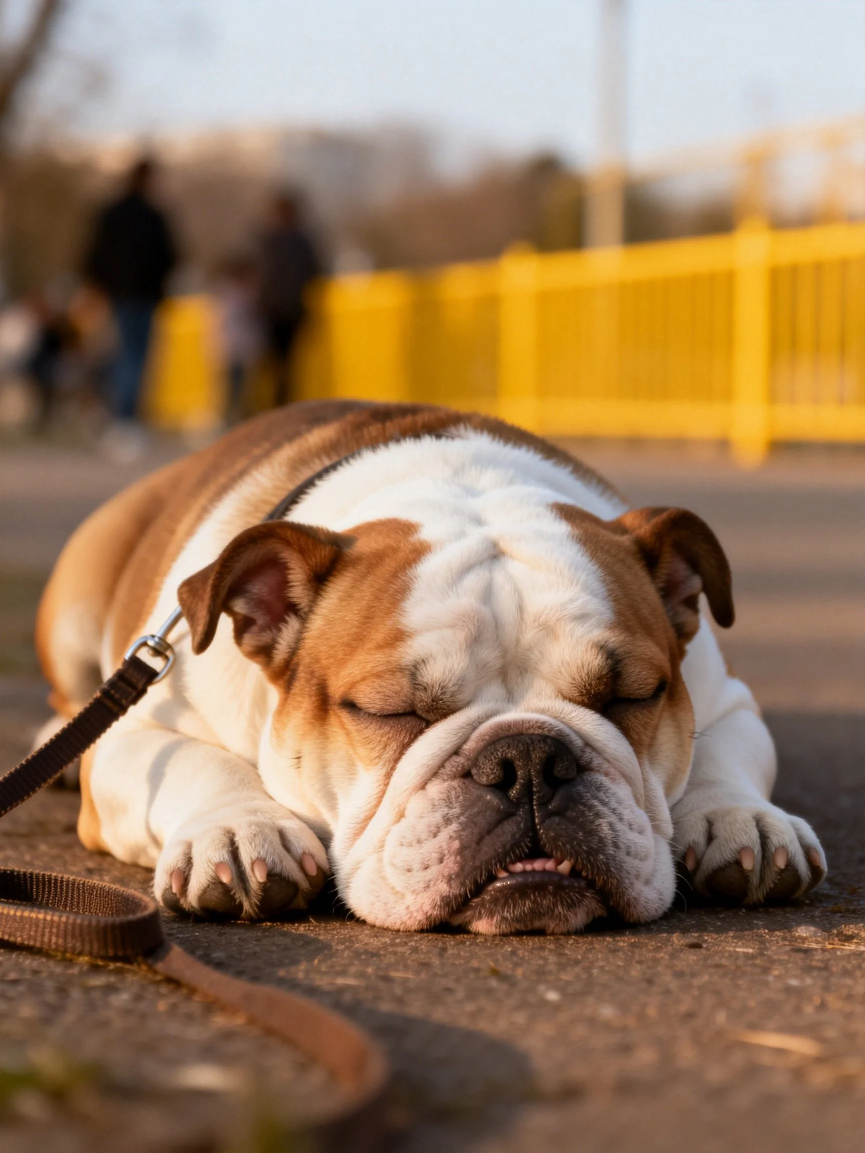 A brown and white bulldog rests on pavement by a yellow fence