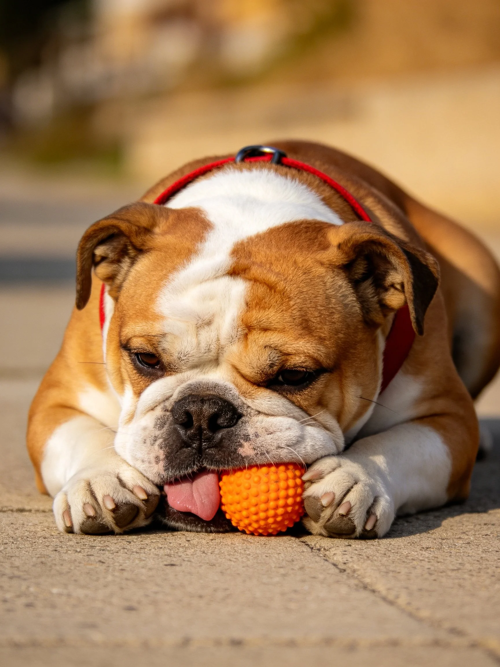 A brown and white bulldog rests outdoors holding an orange ball.