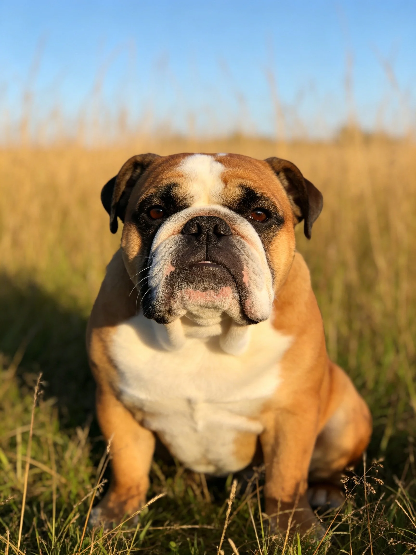 An English Bulldog with brown and white fur sits in a sunlit grassy field.
