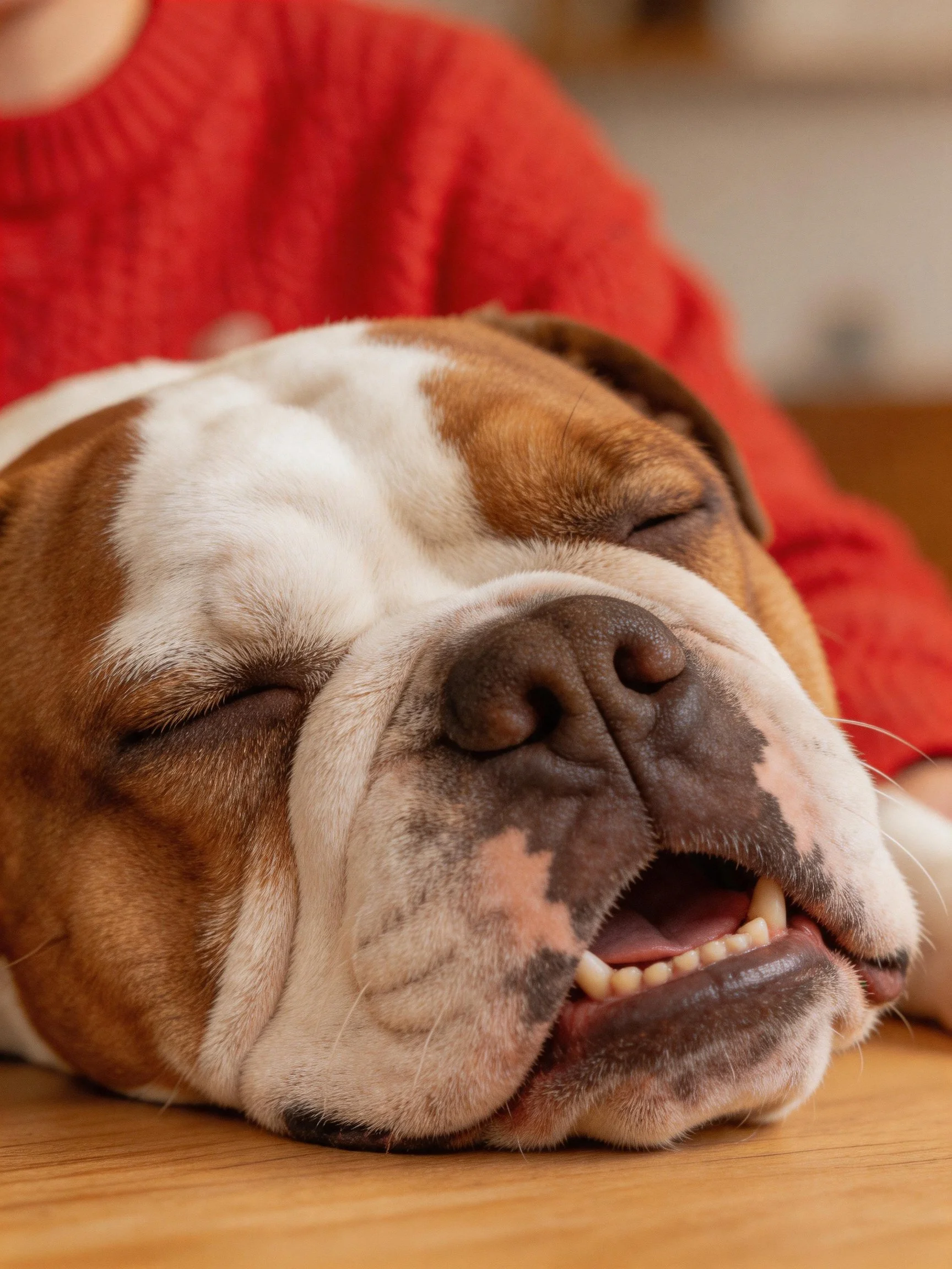 A brown and white bulldog sleeps calmly beside a person wearing a red sweater.