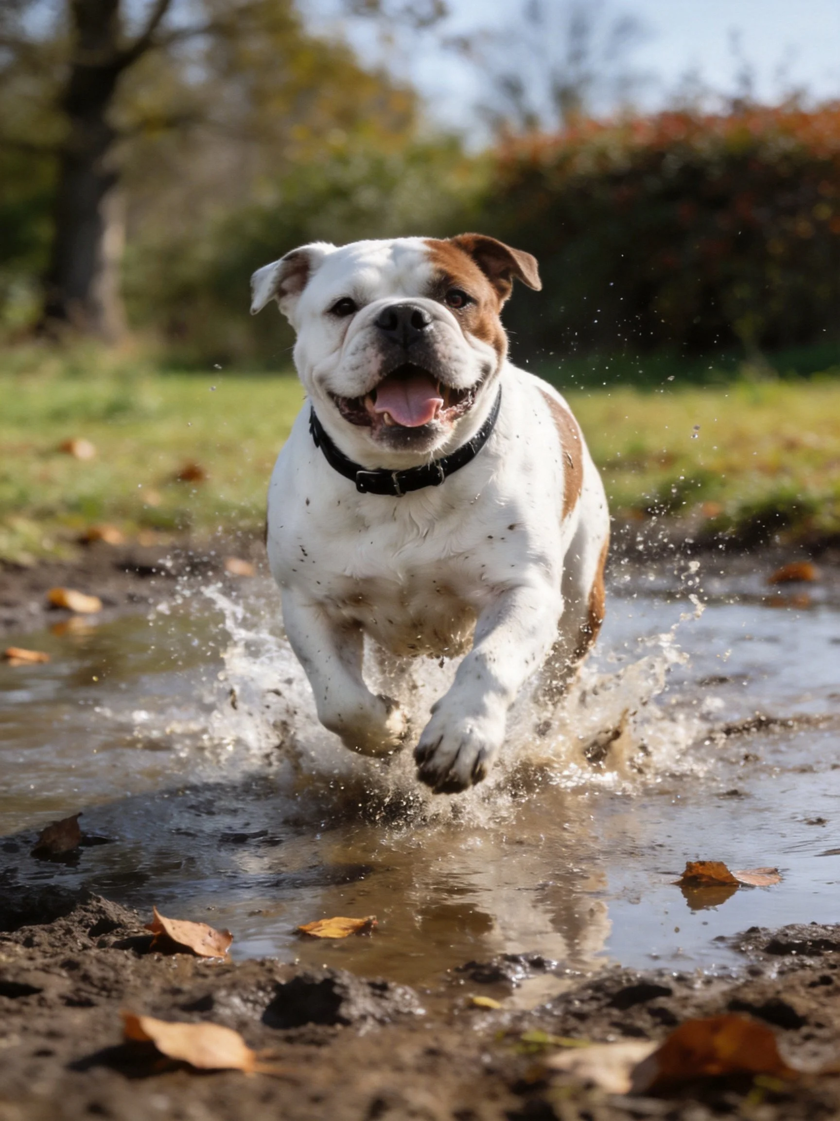 A brown and white bulldog splashing through a muddy puddle outdoors