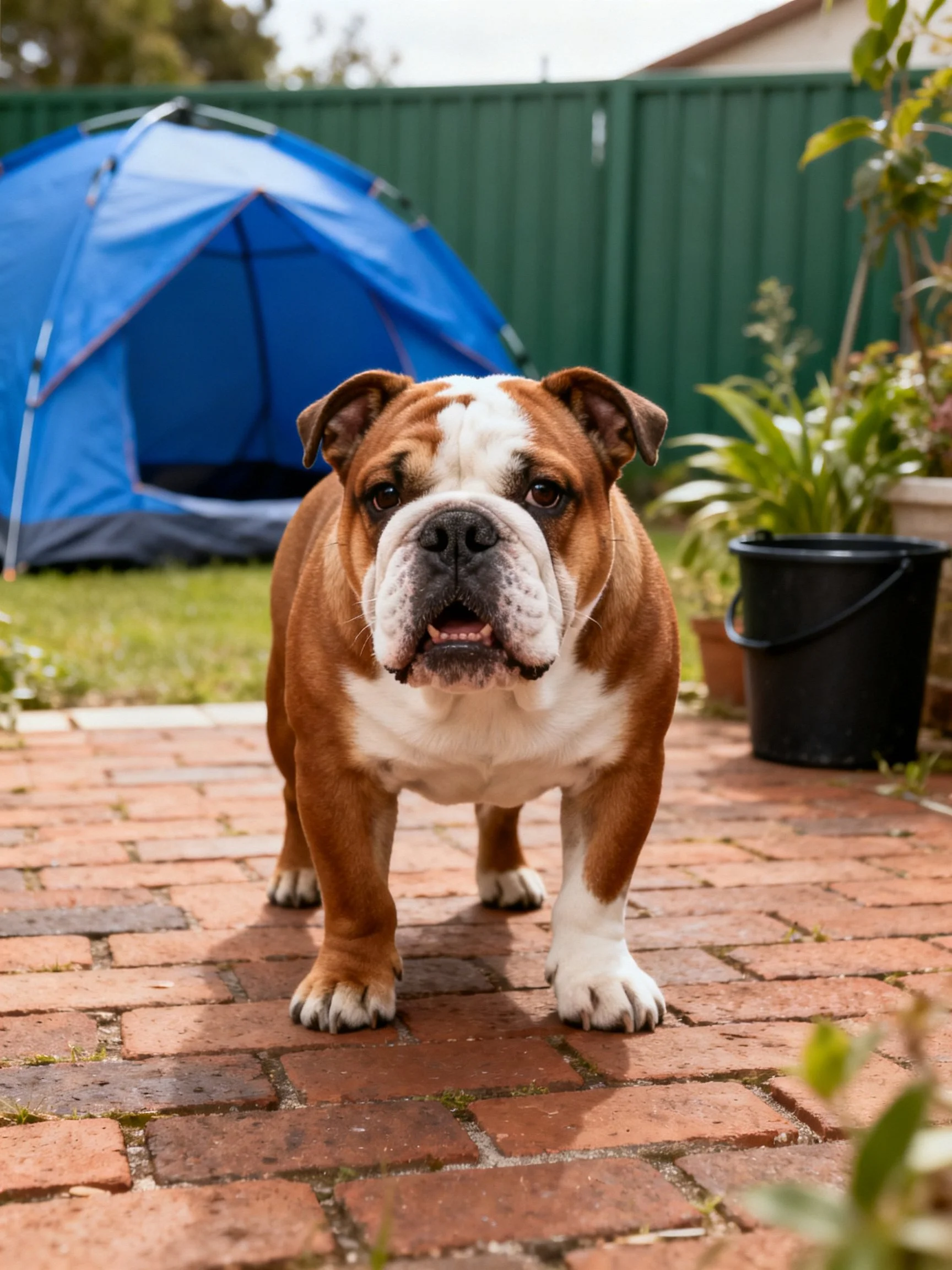 A brown and white bulldog stands on a brick patio beside a blue tent