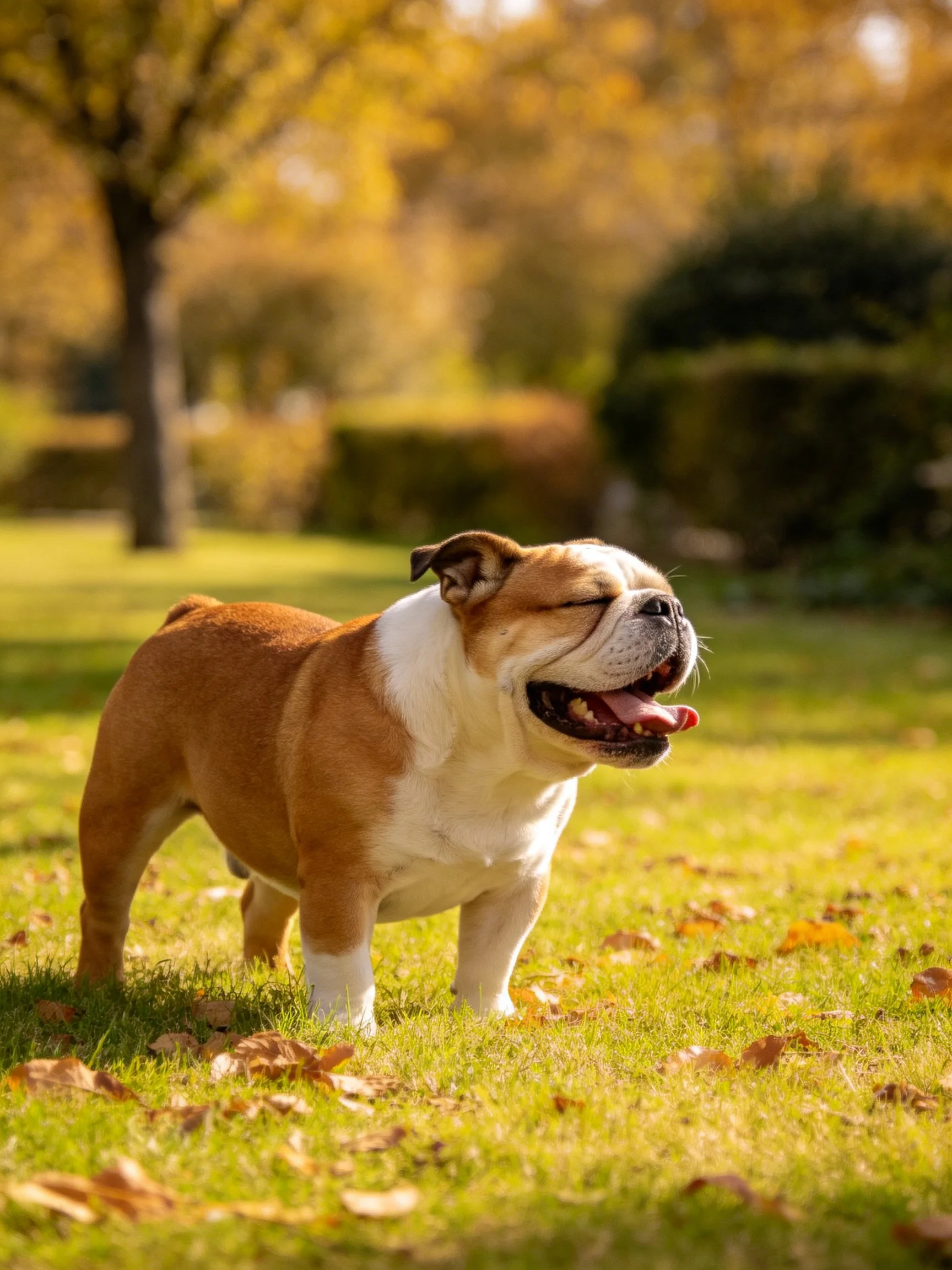A brown and white bulldog relaxes on a leaf-covered grassy area in bright sunlight