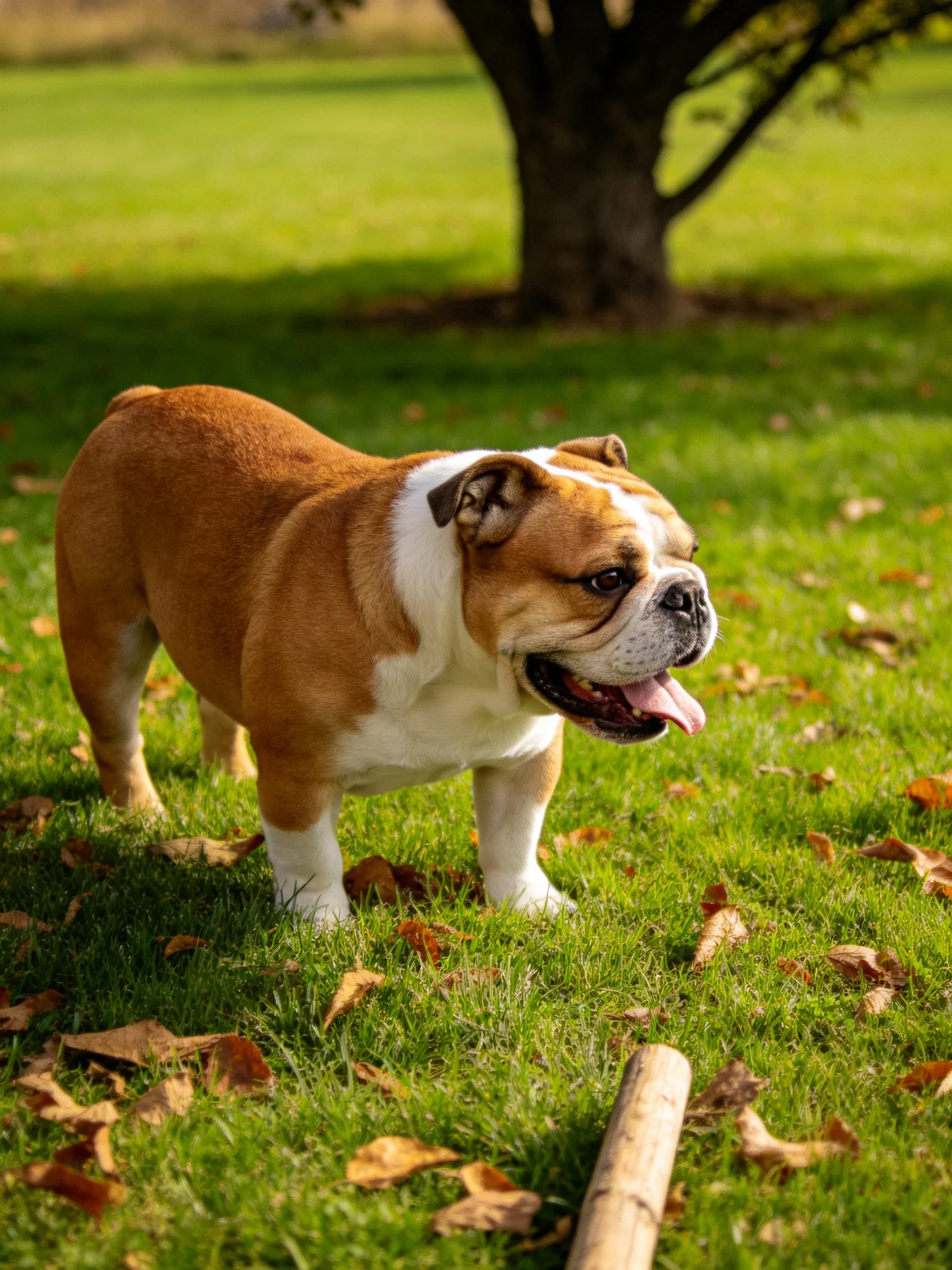 A brown and white bulldog stands on green grass with scattered autumn leaves