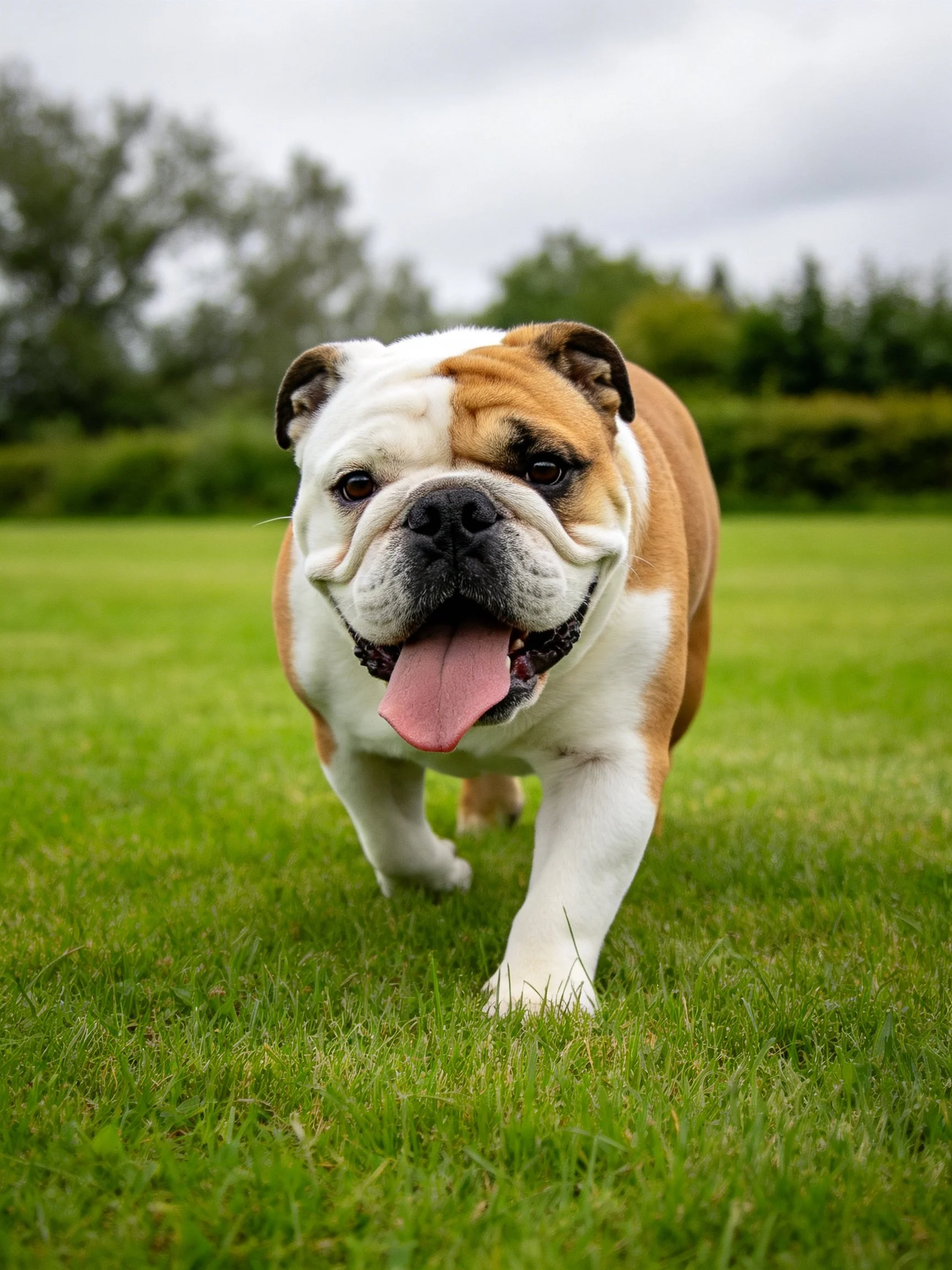 A brown and white bulldog strolling on lush green grass