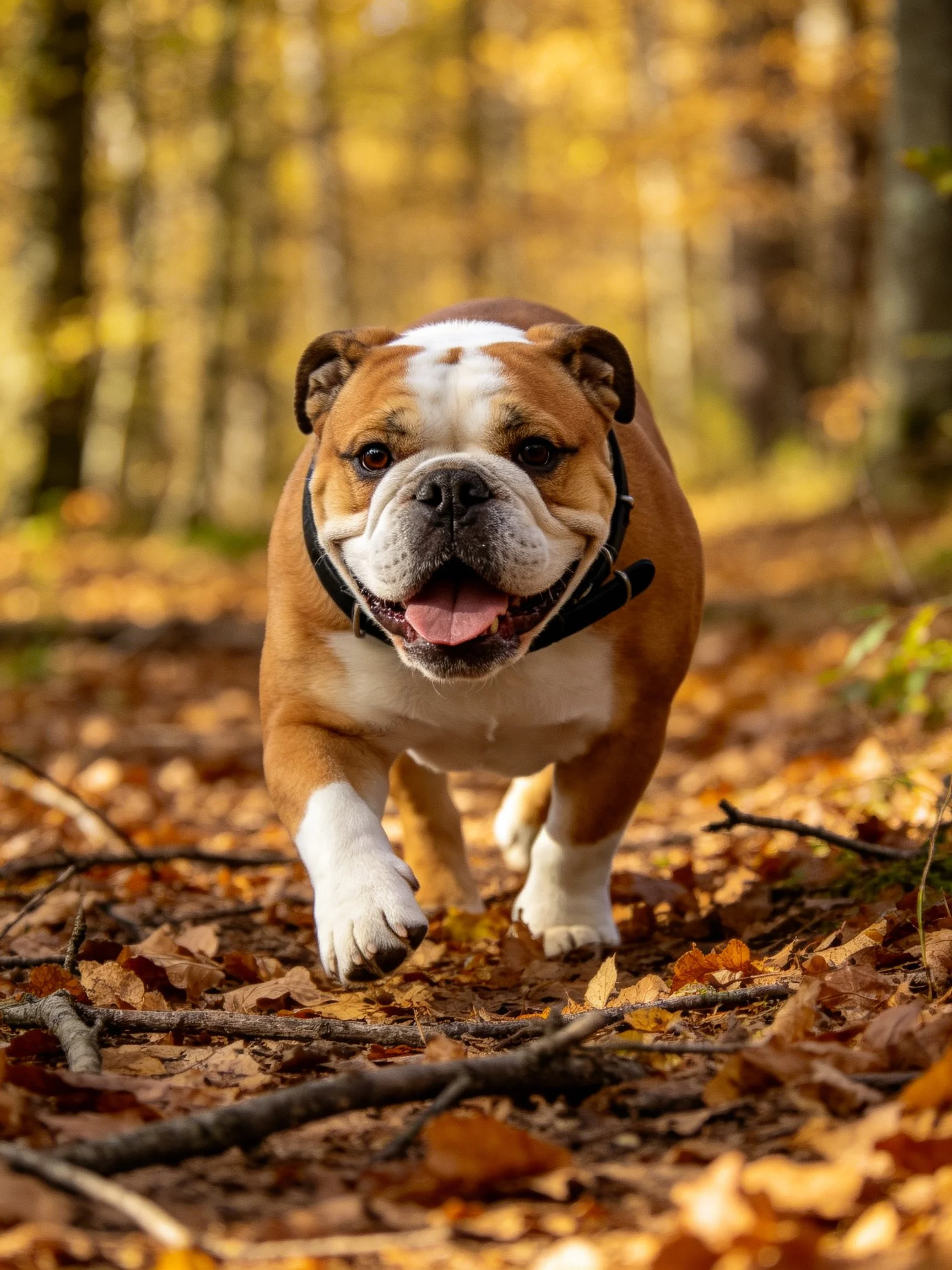 An English bulldog moves through a forest covered in fallen autumn leaves.