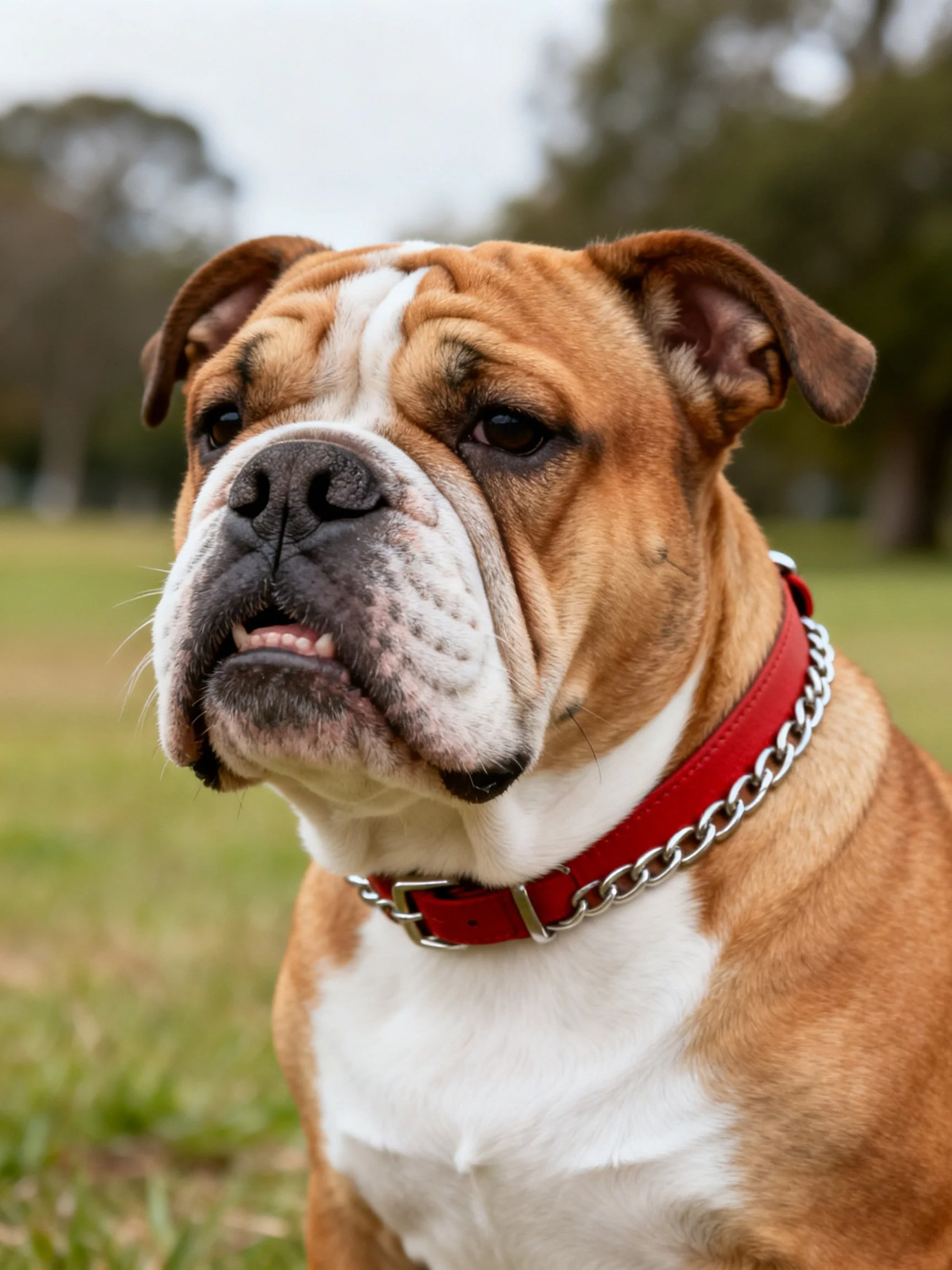A brown and white bulldog wearing a red collar with silver chain outdoors