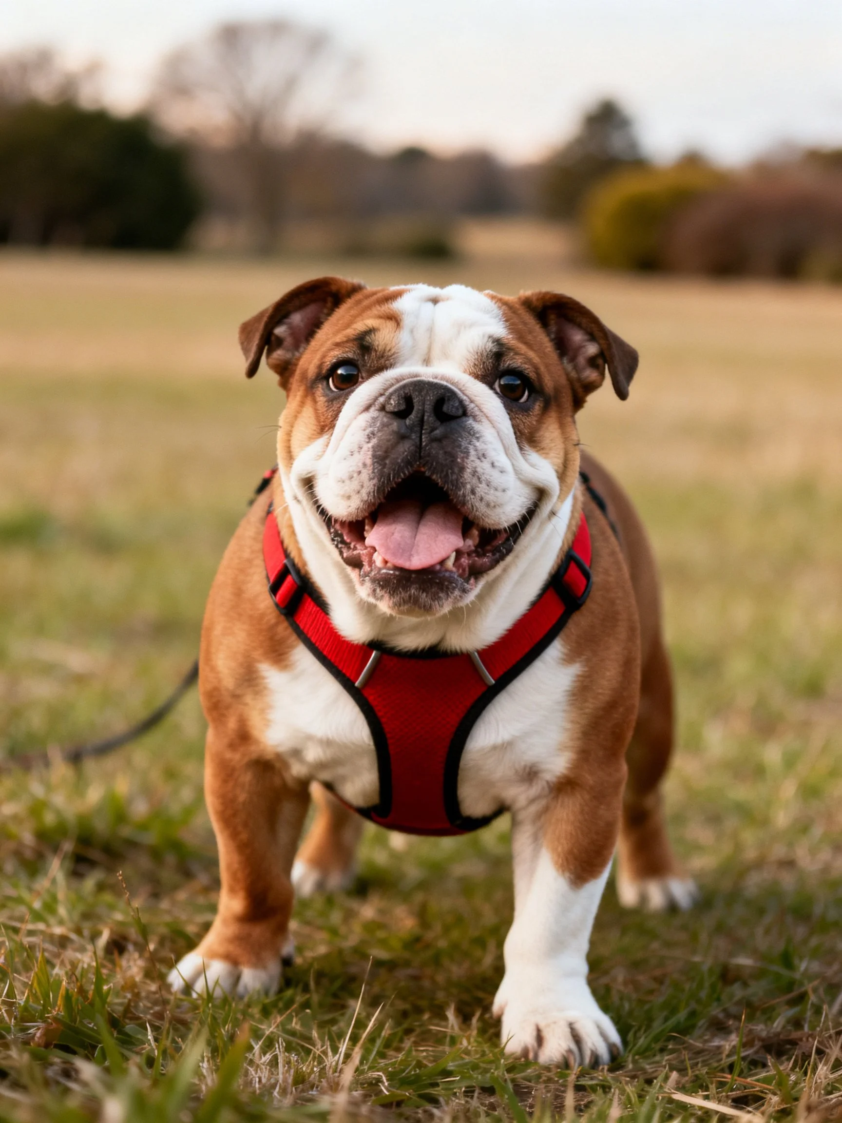 A brown and white bulldog wearing a red harness in an open field