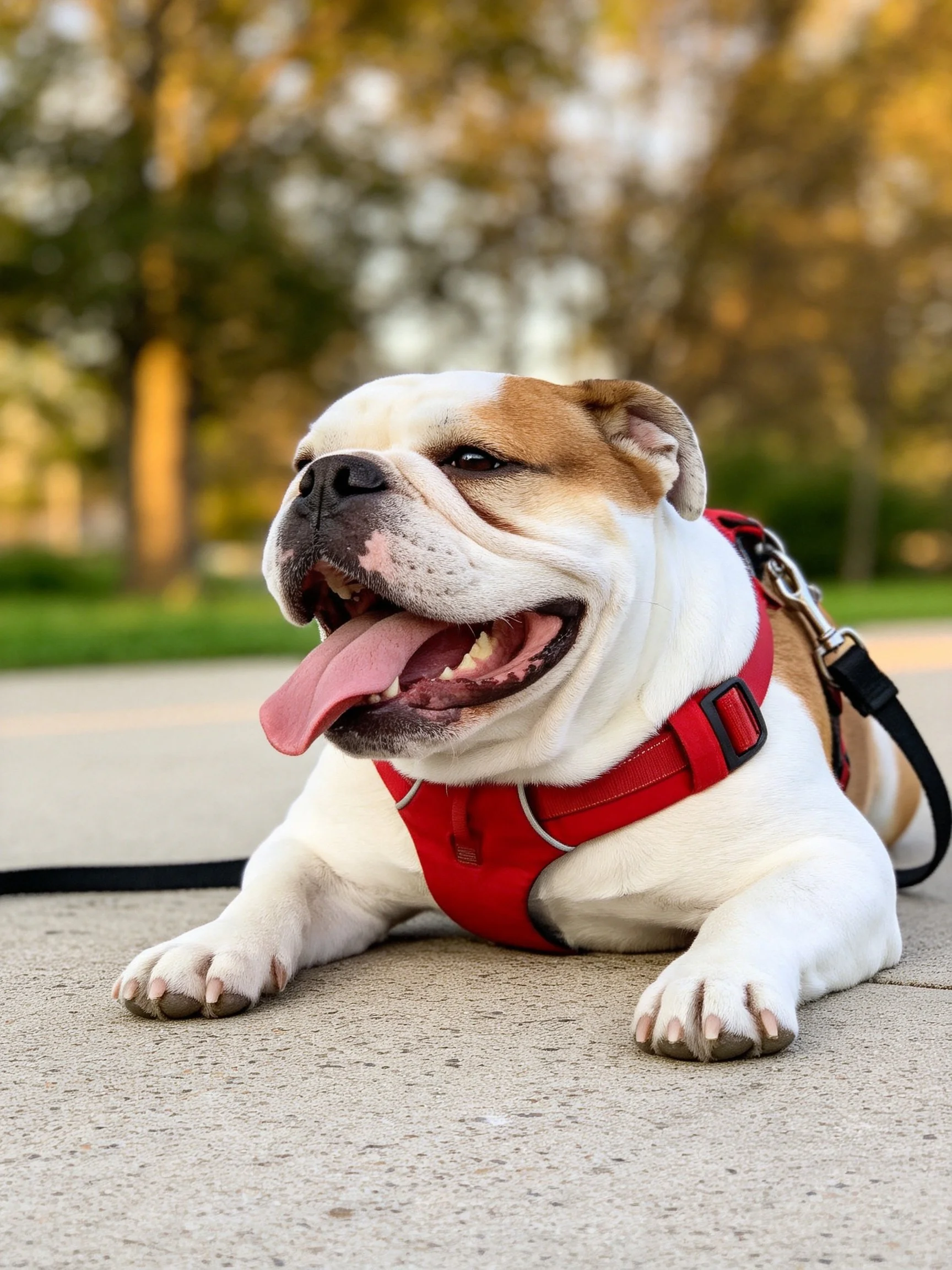A brown and white bulldog wears a red harness outdoors