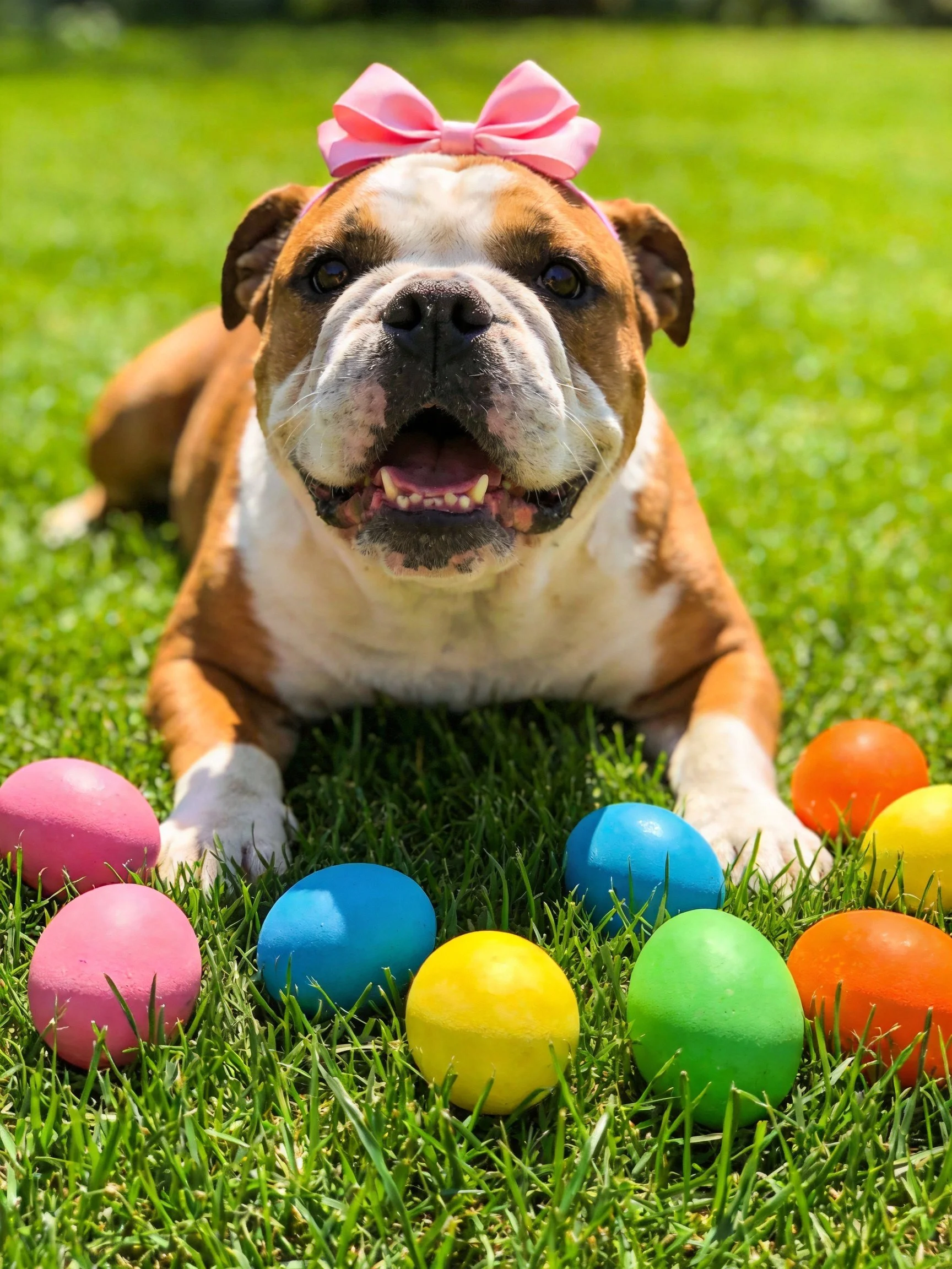 A brown and white bulldog wearing a pink bow rests near colorful balls on a grassy lawn.