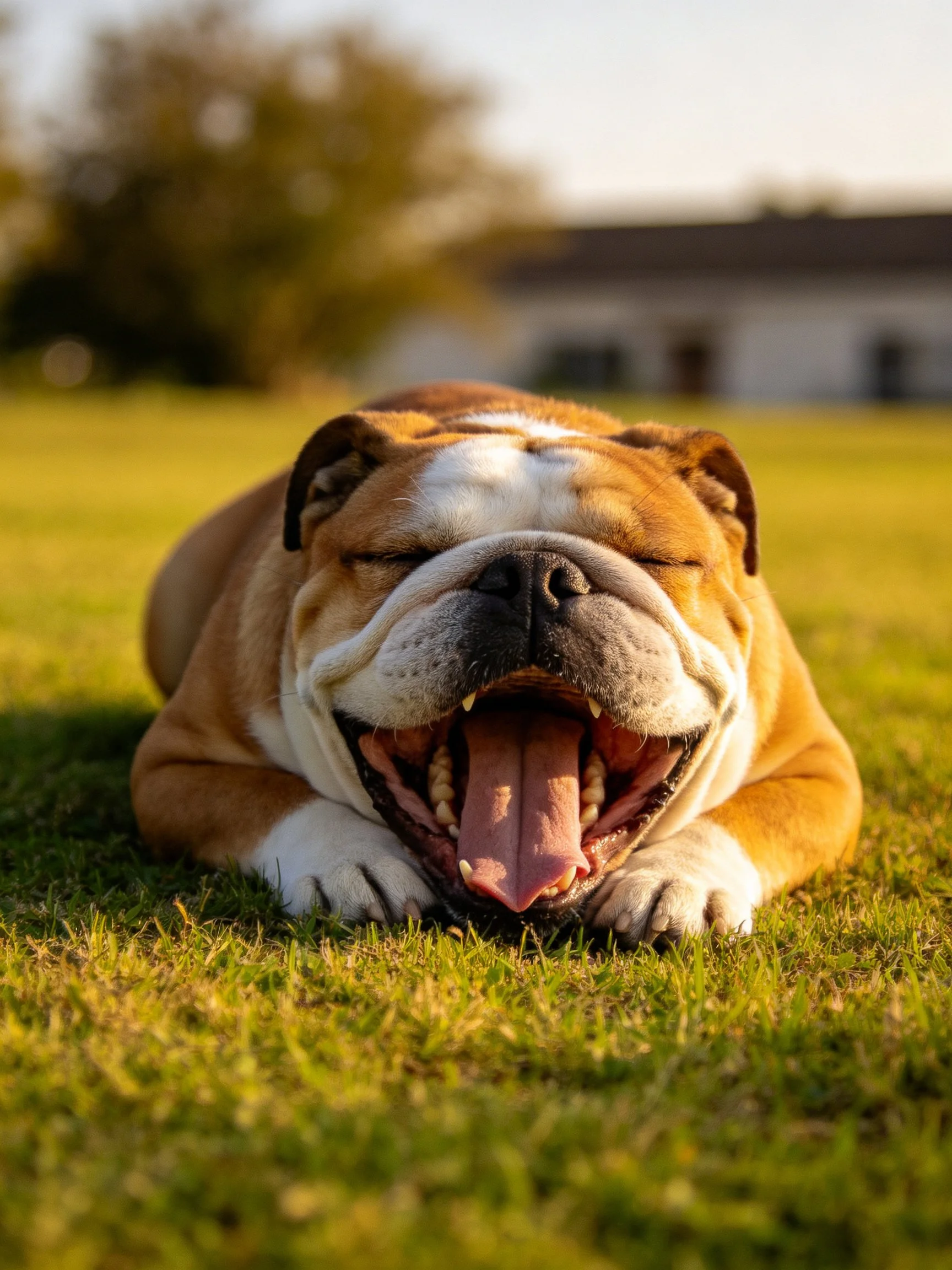 A brown and white bulldog yawning on green grass outdoors