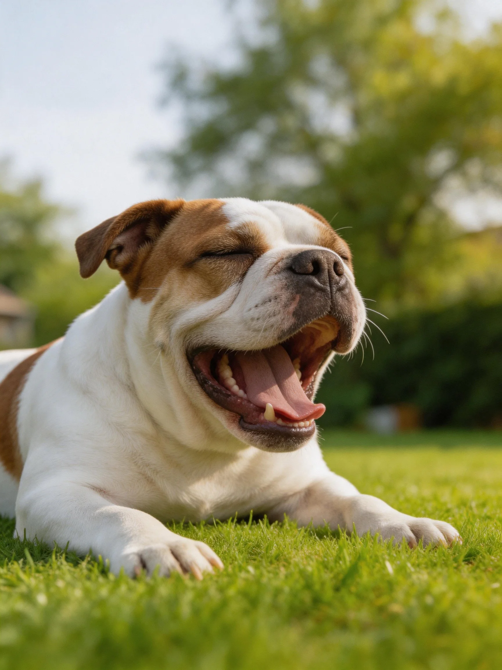 A brown and white bulldog yawning on lush green grass outdoors