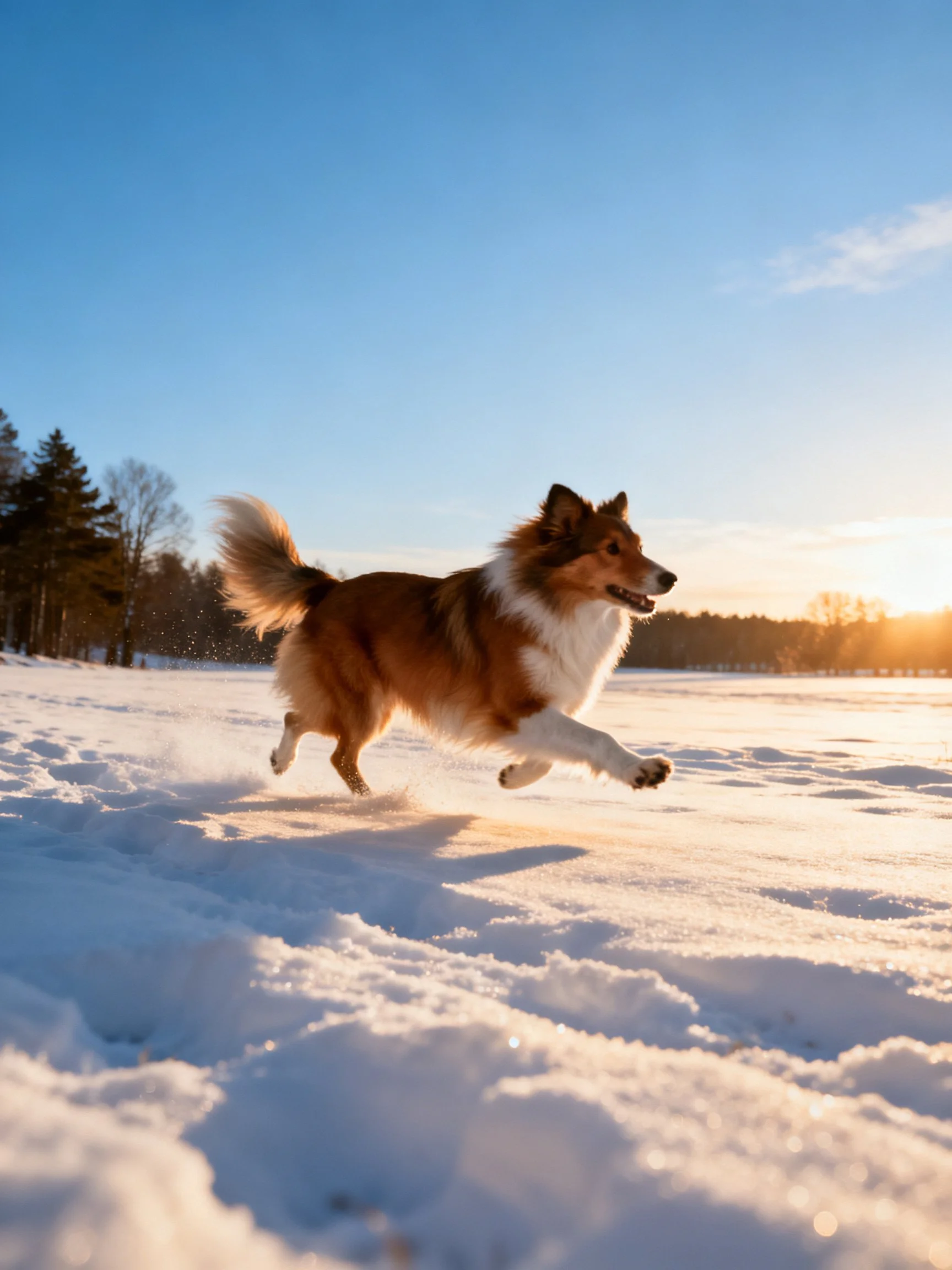 A brown and white collie dashes across snowy fields